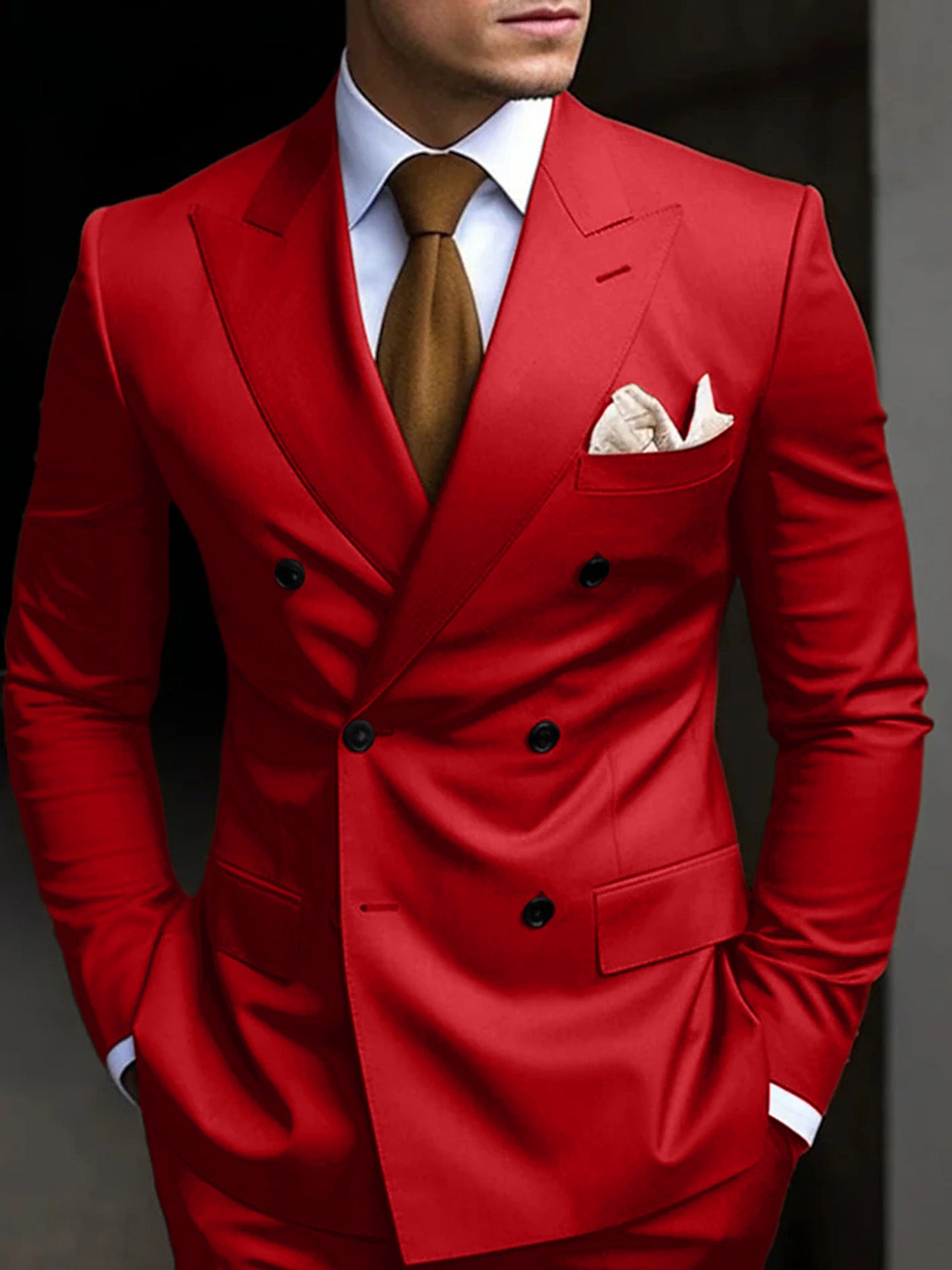 Men's Tailored Fit Double Breasted Six-buttons 2 Pieces Solid Colored Wedding Suits Red