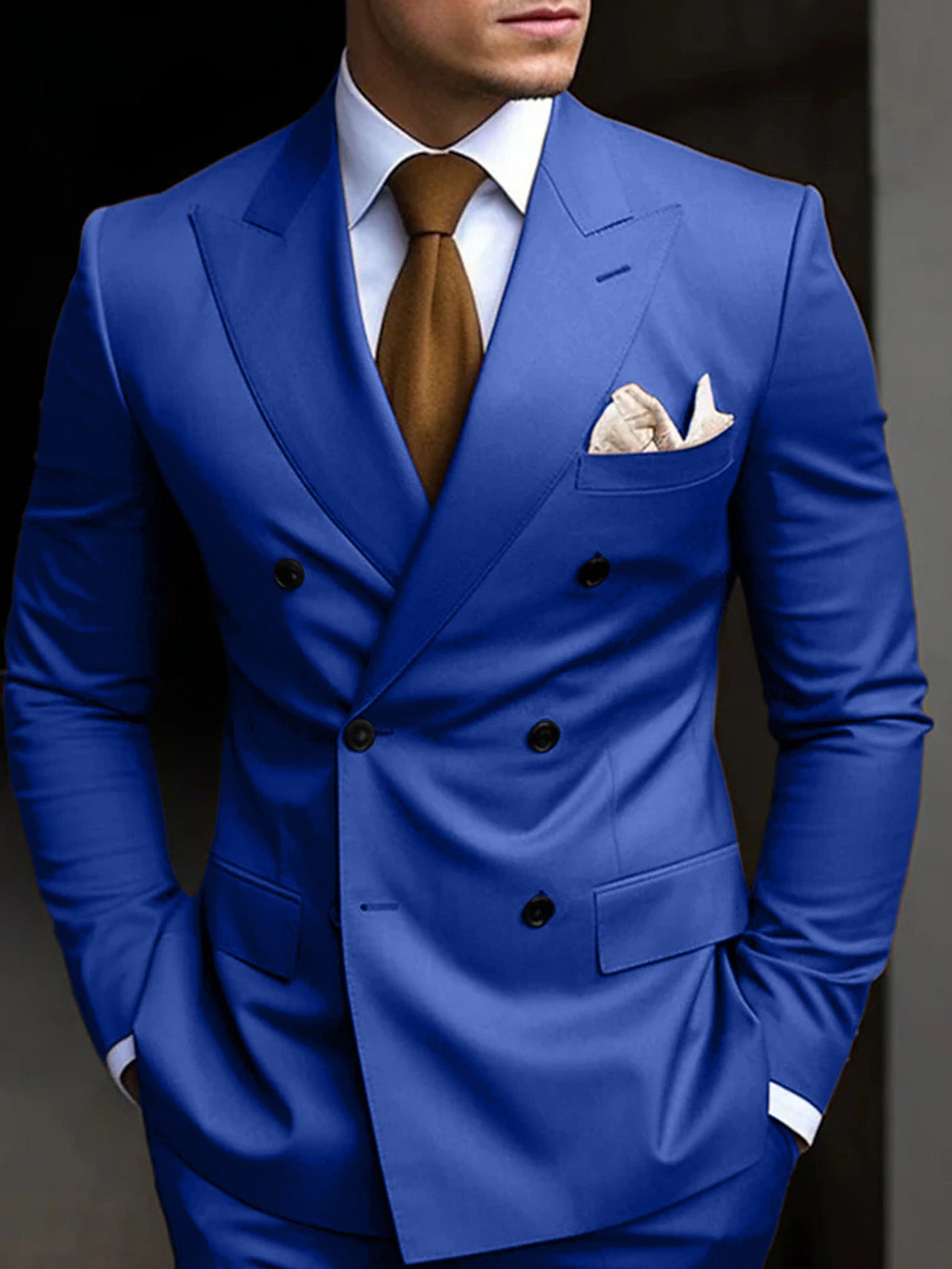 Men's Tailored Fit Double Breasted Six-buttons 2 Pieces Solid Colored Wedding Suits Royal Blue