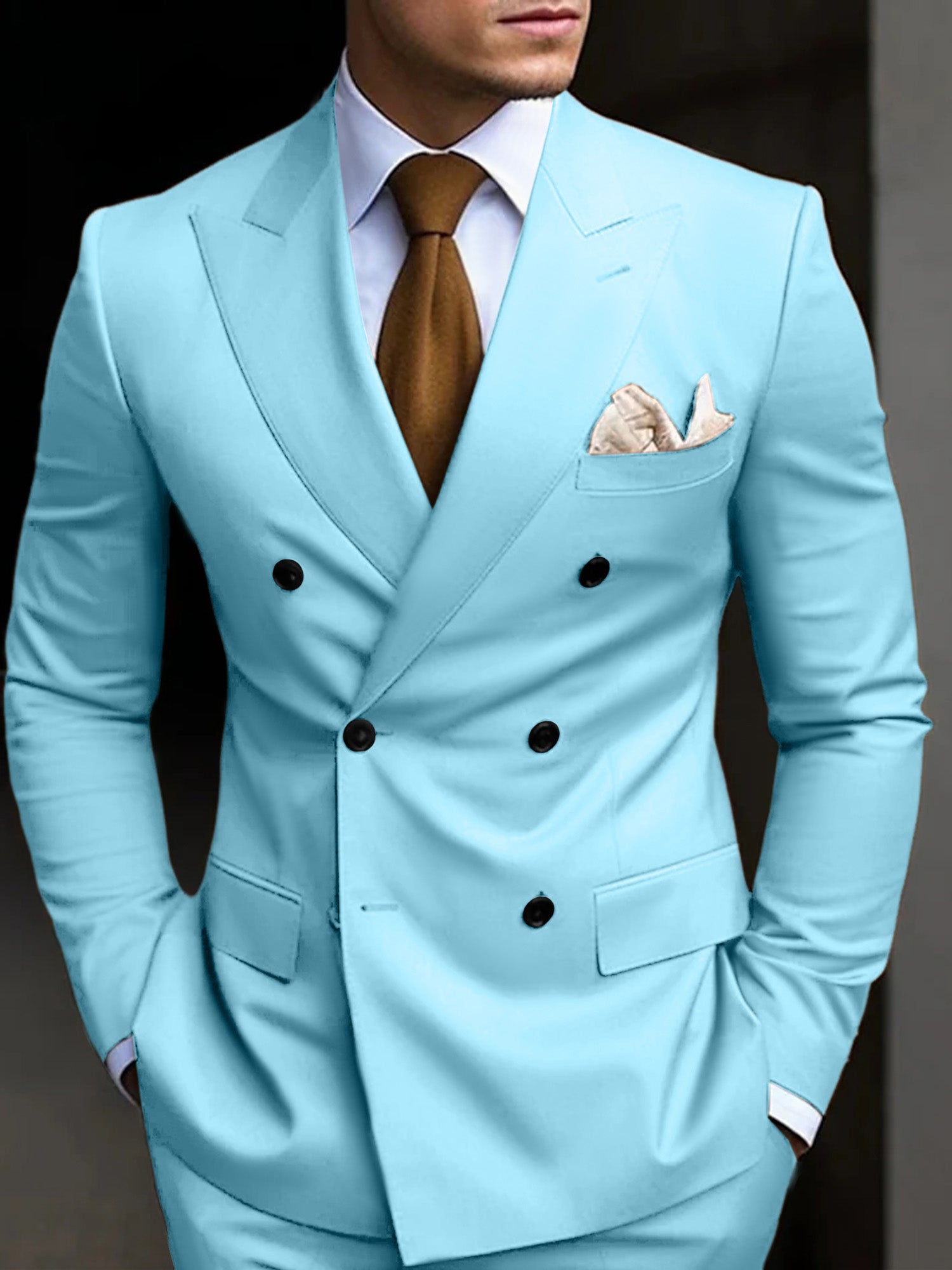 Men's Tailored Fit Double Breasted Six-buttons 2 Pieces Solid Colored Wedding Suits Sky Blue
