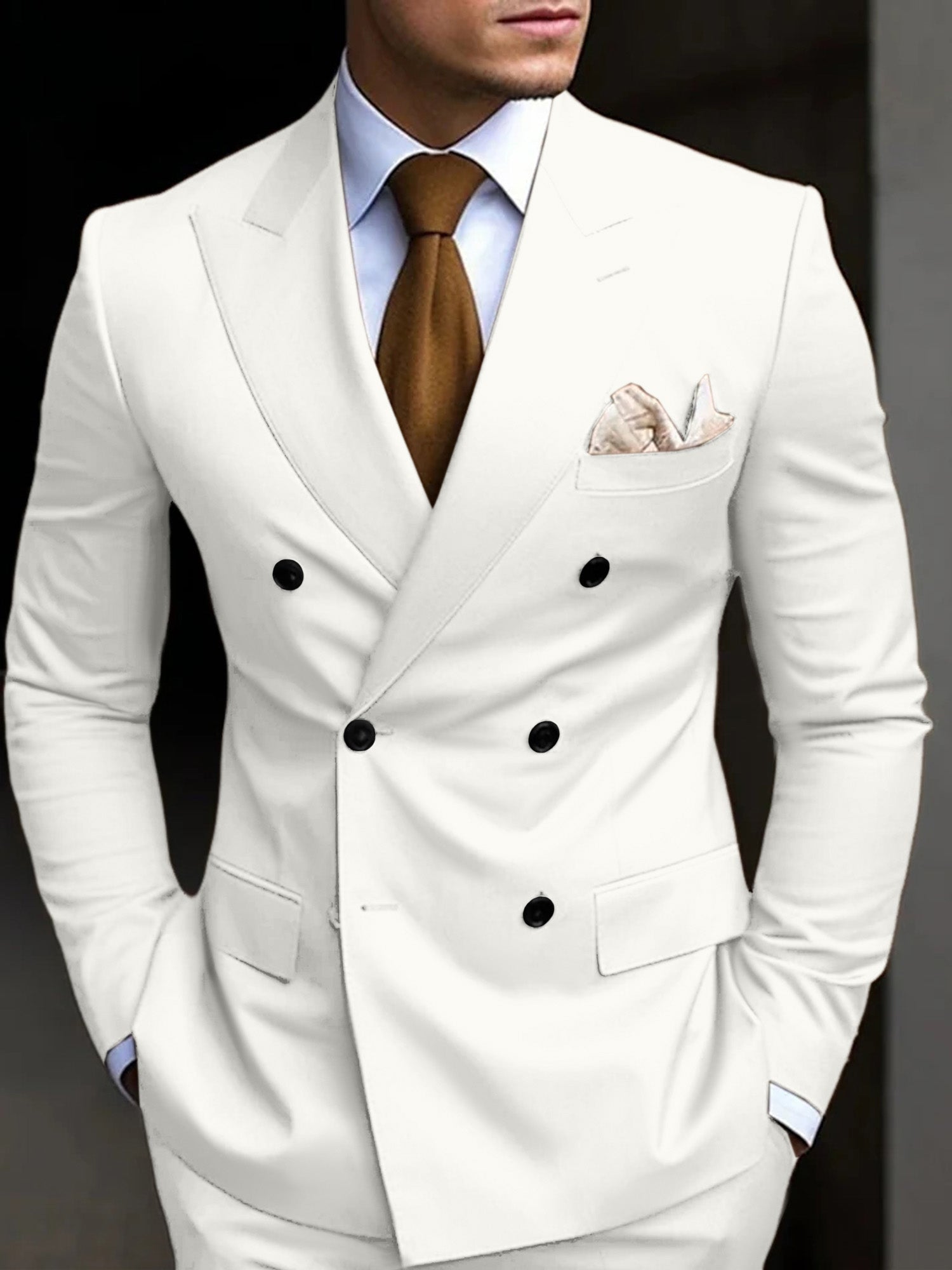 Men's Tailored Fit Double Breasted Six-buttons 2 Pieces Solid Colored Wedding Suits White