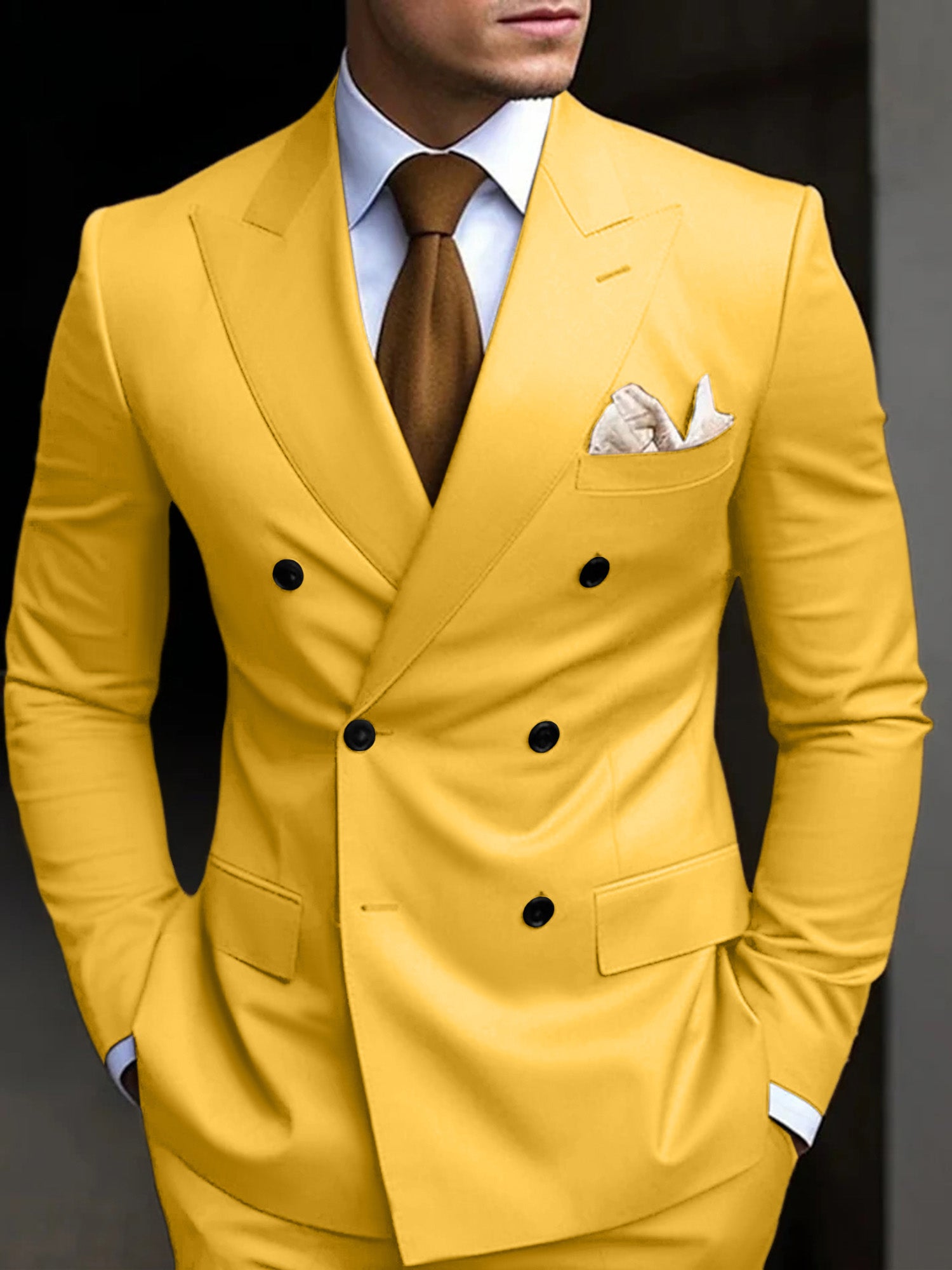 Men's Tailored Fit Double Breasted Six-buttons 2 Pieces Solid Colored Wedding Suits Yellow