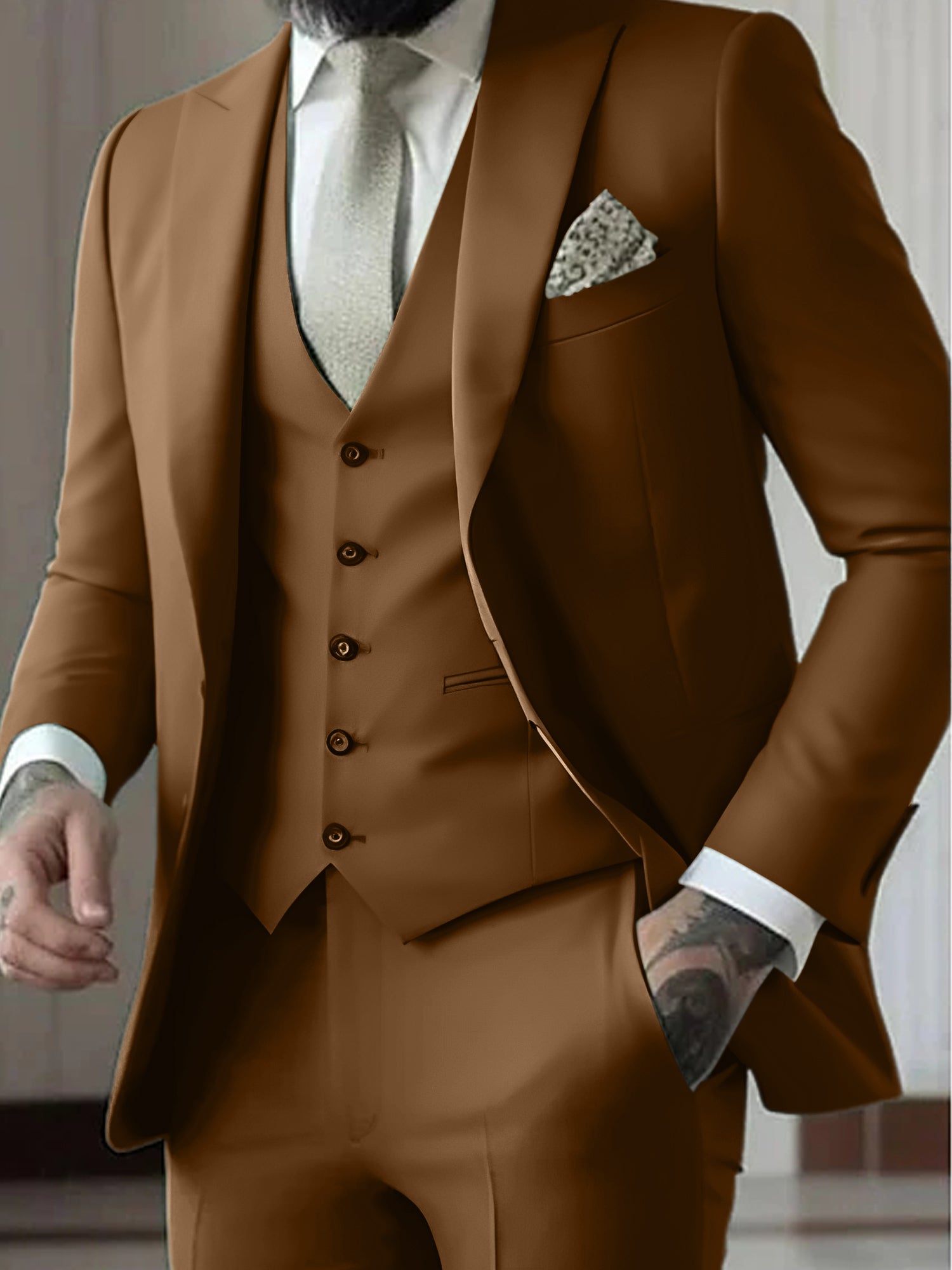 Men's Tailored Fit Single Breasted One-button 3 Pieces Wedding Suits Khaki