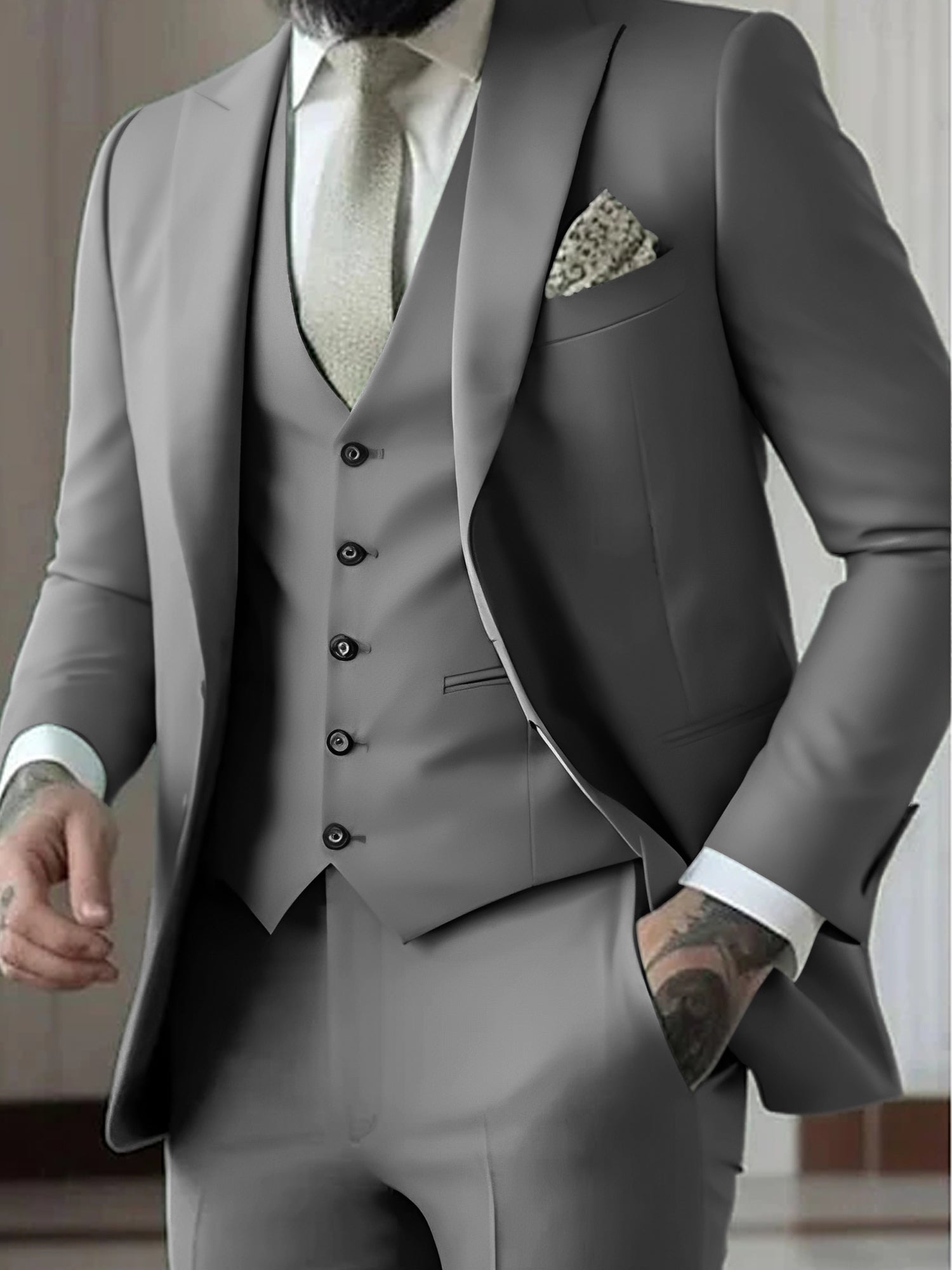Men's Tailored Fit Single Breasted One-button 3 Pieces Wedding Suits Light Gray