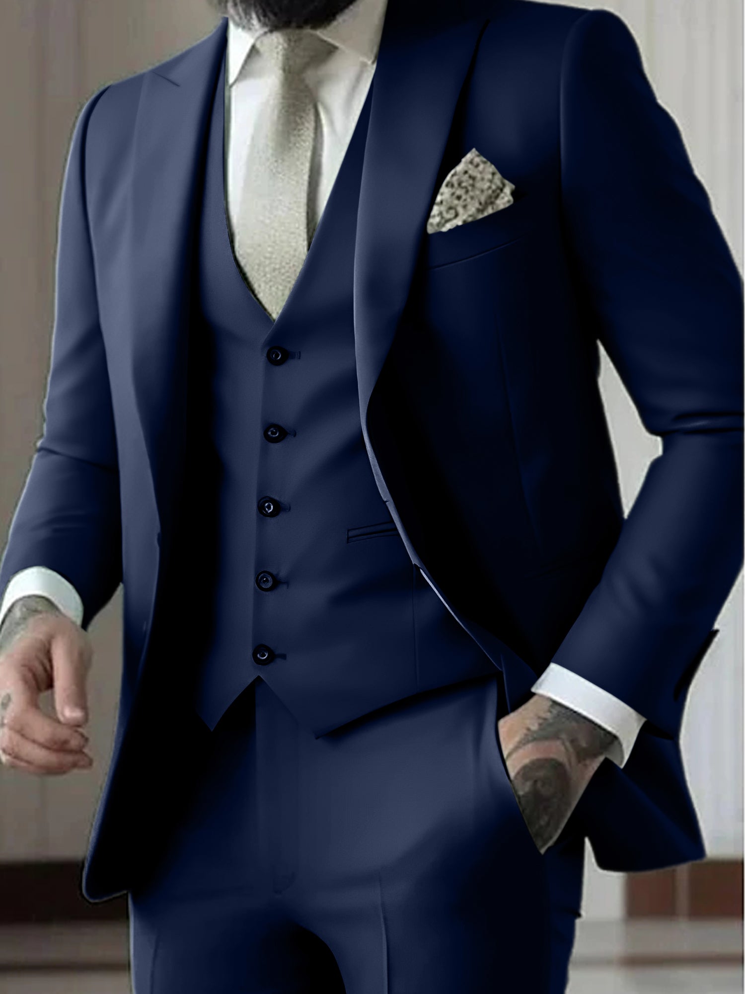 Men's Tailored Fit Single Breasted One-button 3 Pieces Wedding Suits Navy Blue