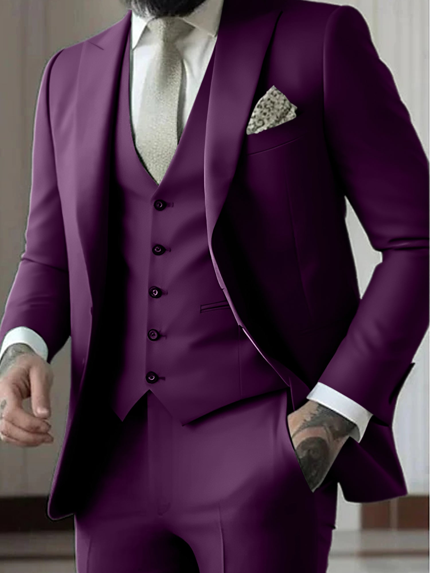 Men's Tailored Fit Single Breasted One-button 3 Pieces Wedding Suits Purple