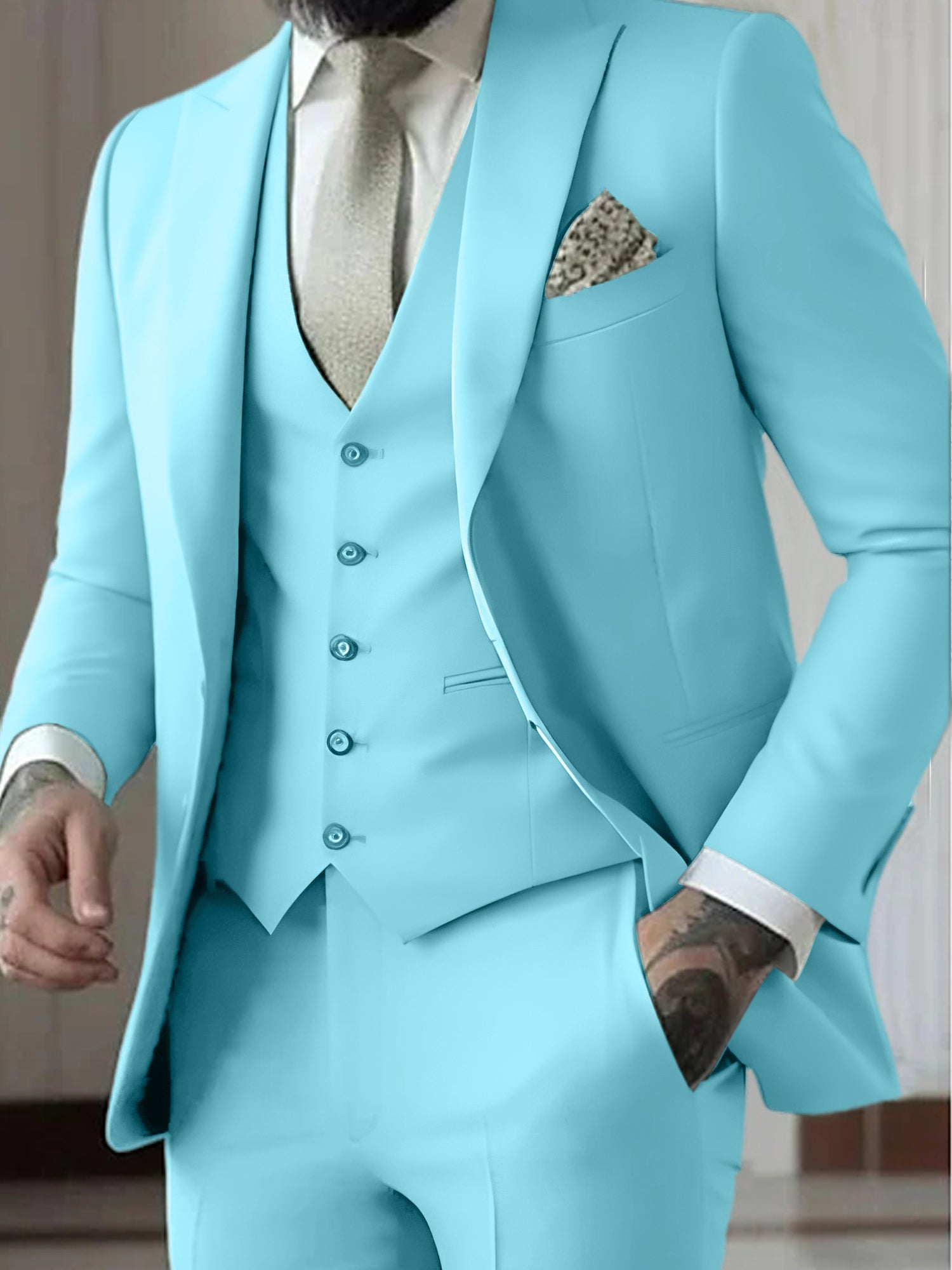 Men's Tailored Fit Single Breasted One-button 3 Pieces Wedding Suits Sky Blue