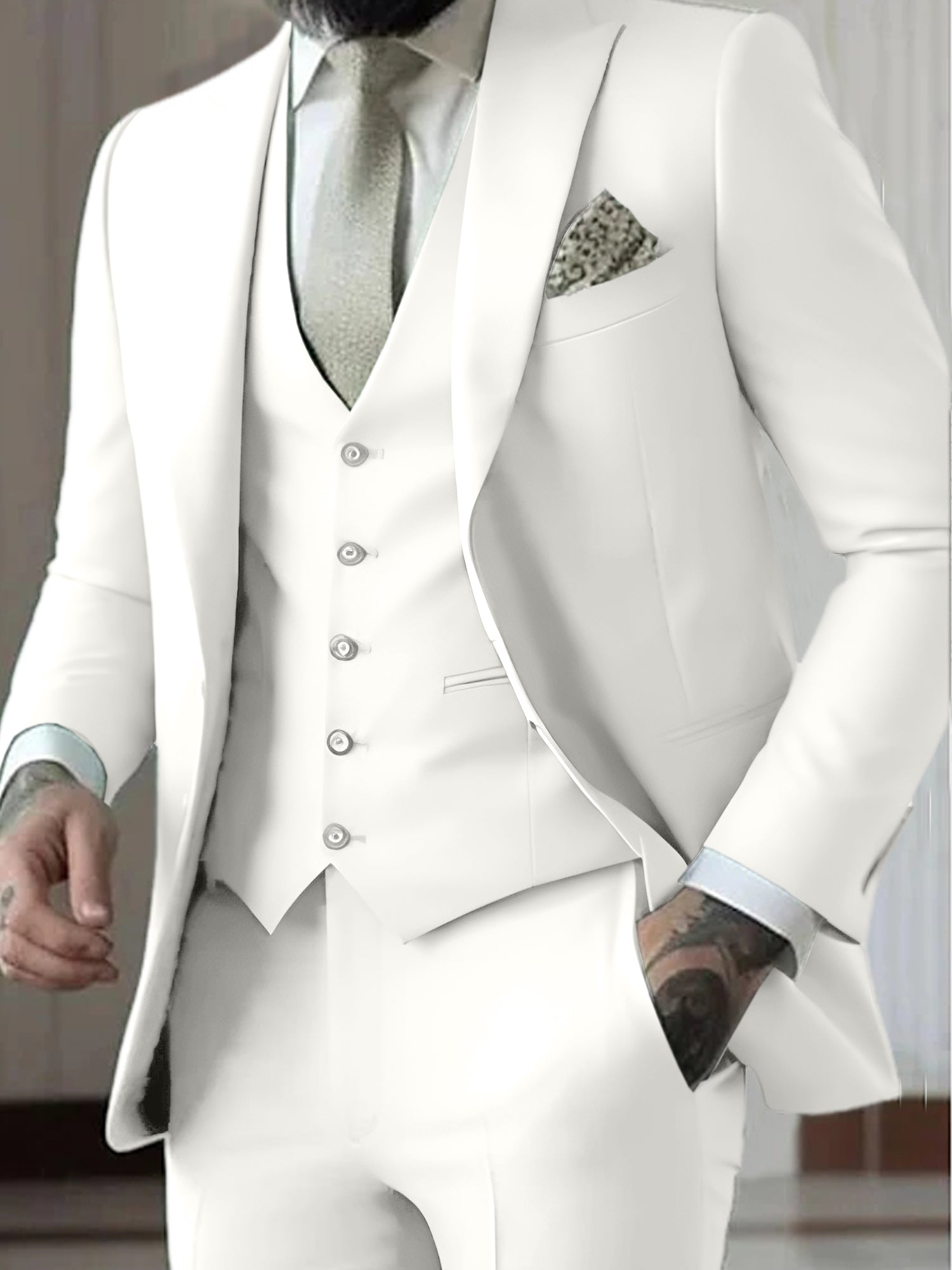 Men's Tailored Fit Single Breasted One-button 3 Pieces Wedding Suits White