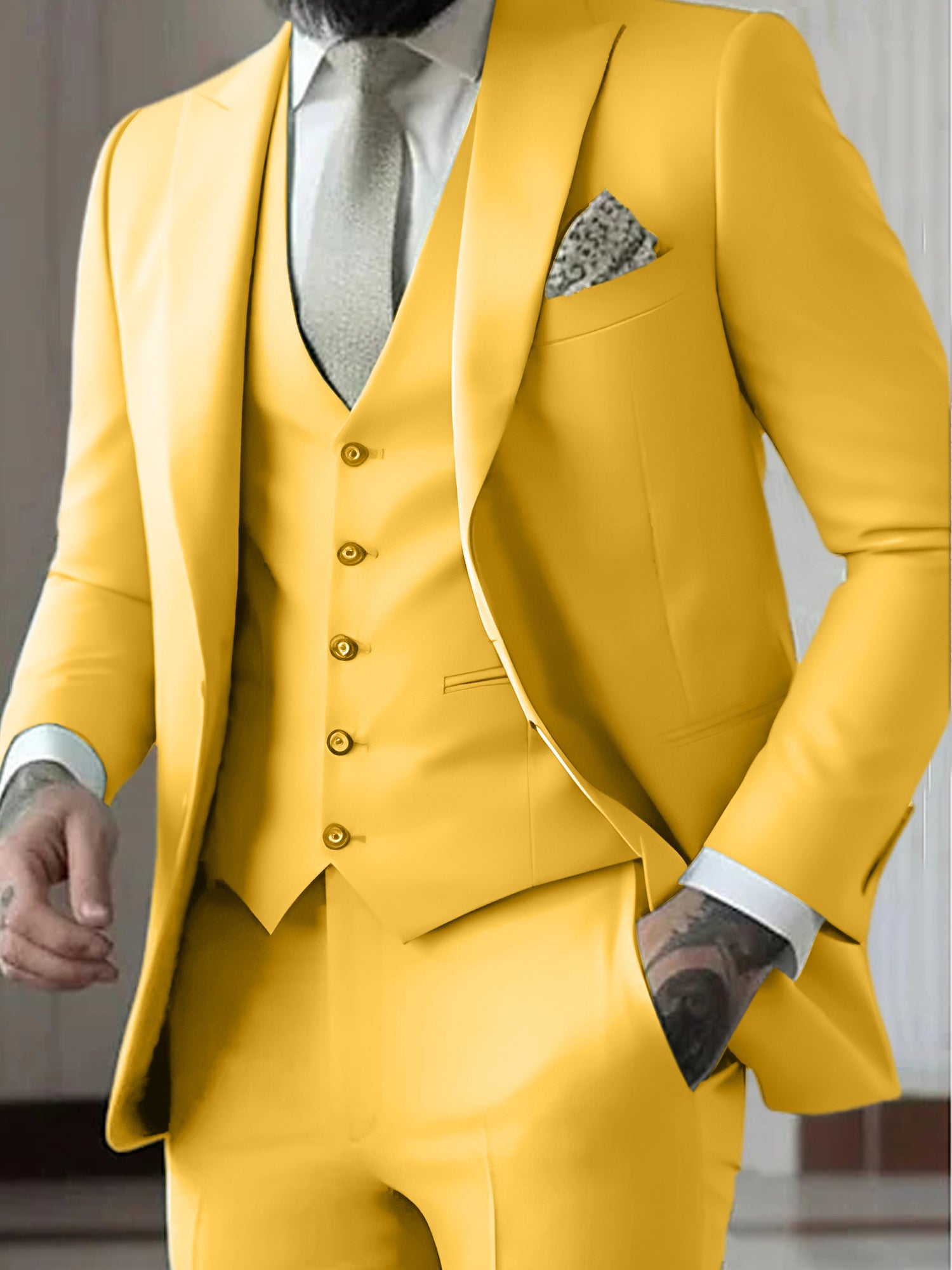 Men's Tailored Fit Single Breasted One-button 3 Pieces Wedding Suits Yellow