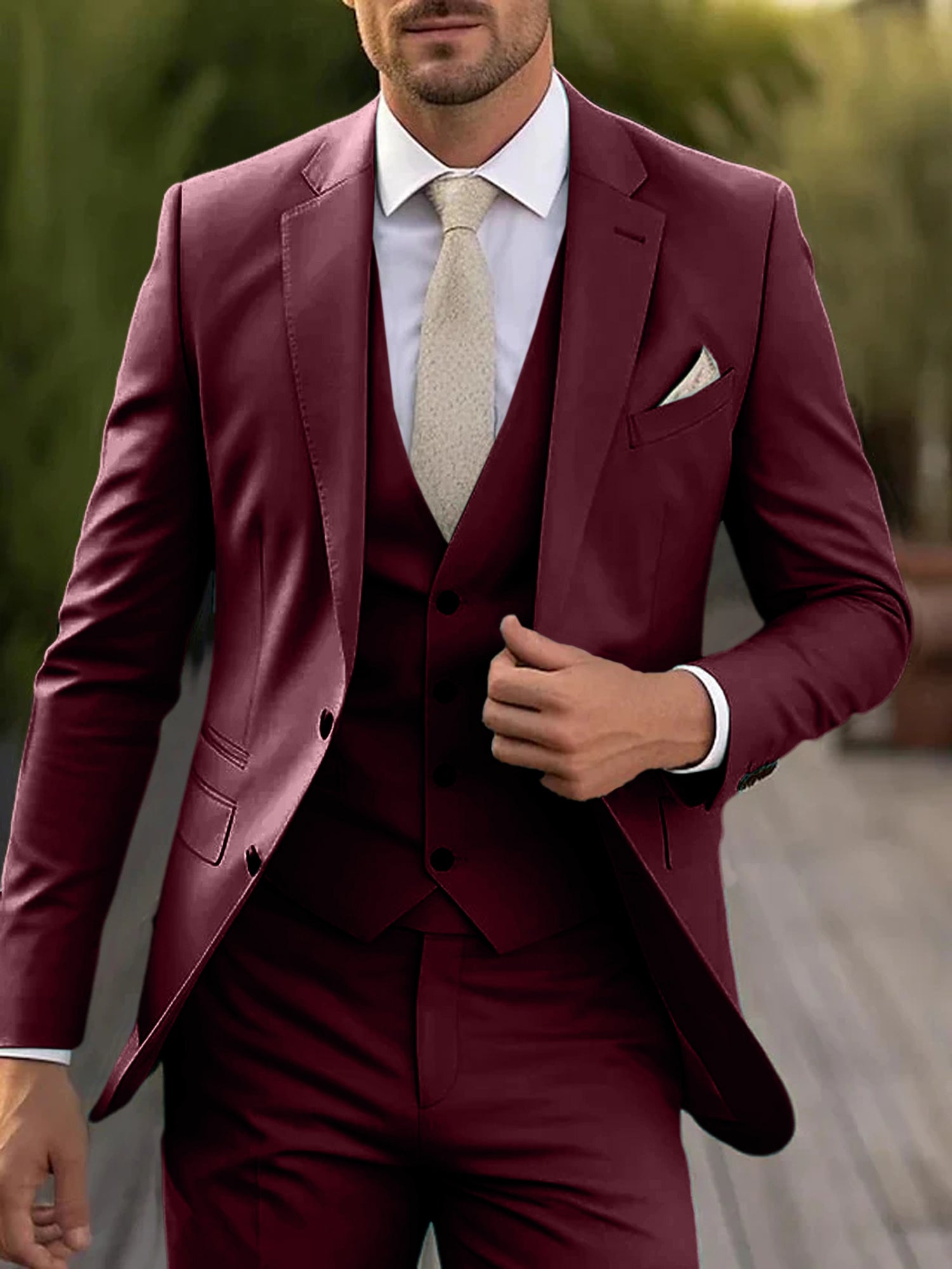 Men's Tailored Fit Single Breasted Two-buttons 3 Pieces Wedding Suits Burgundy