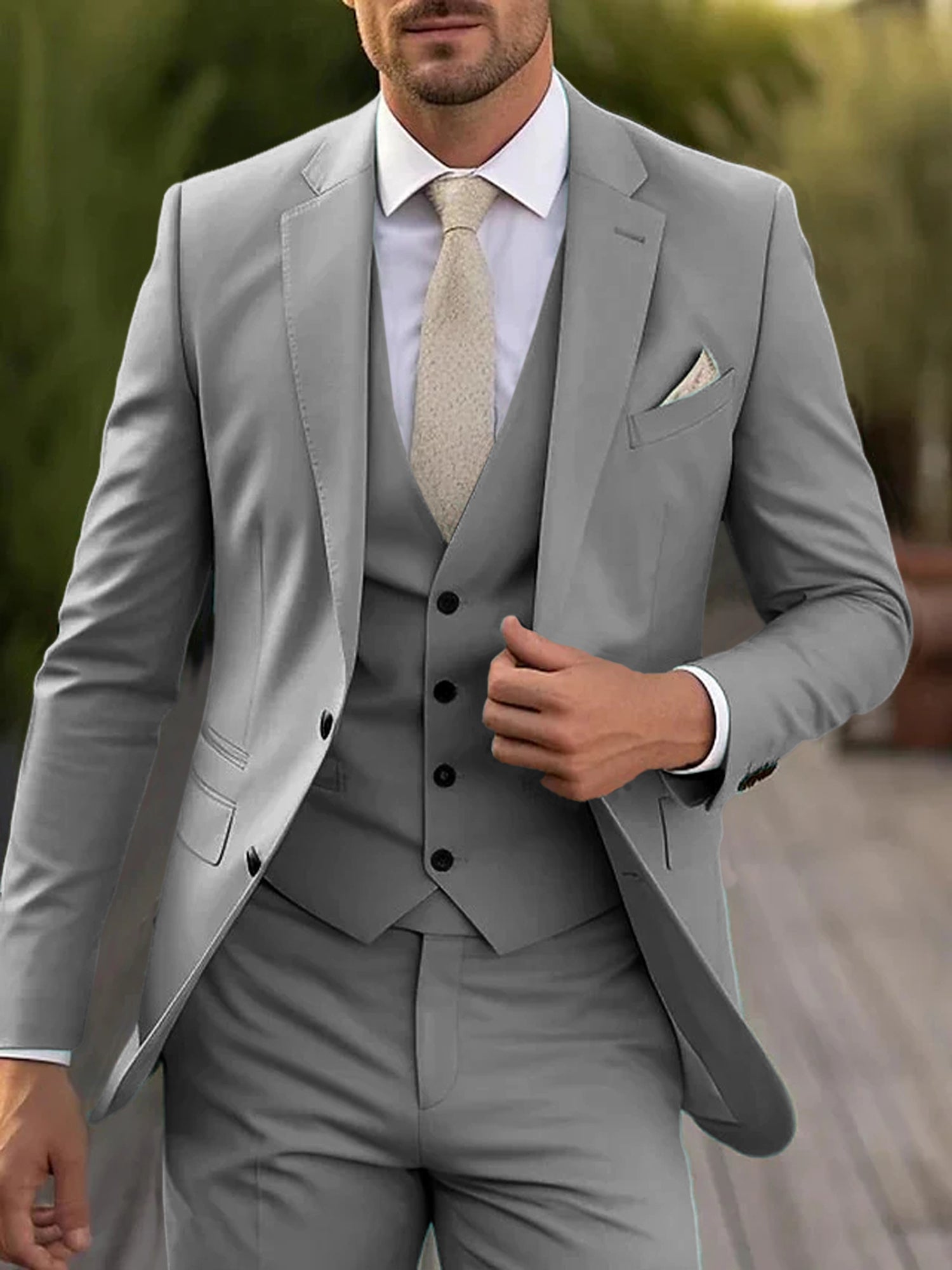 Men's Tailored Fit Single Breasted Two-buttons 3 Pieces Wedding Suits Light Gray