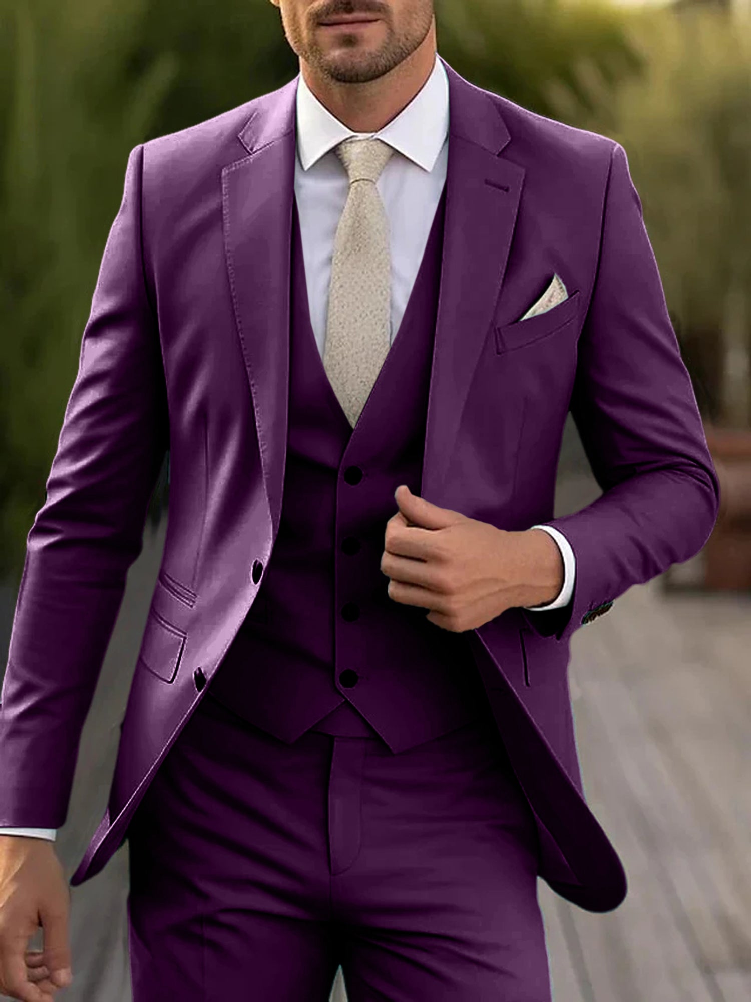Men's Tailored Fit Single Breasted Two-buttons 3 Pieces Wedding Suits Purple