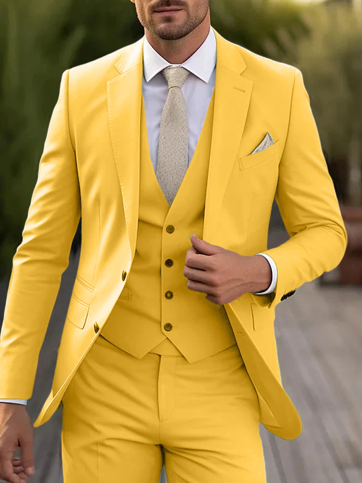 Men's Tailored Fit Single Breasted Two-buttons 3 Pieces Wedding Suits Yellow