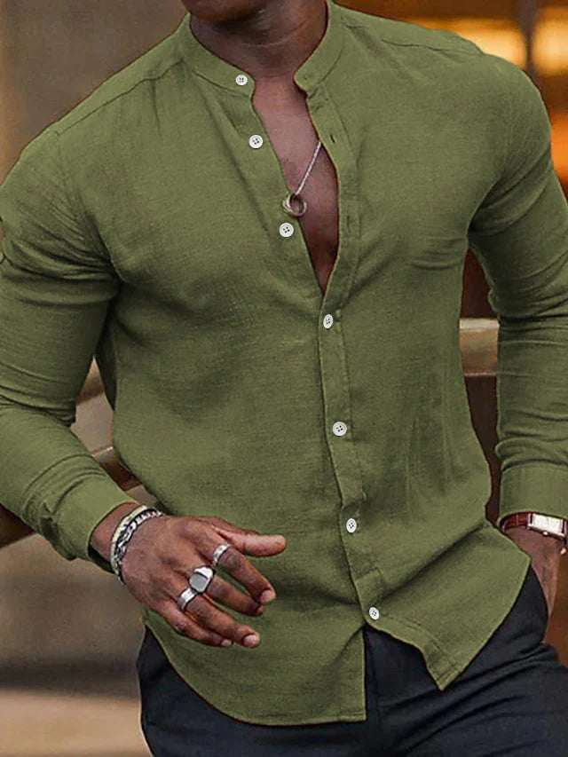 Men's Casual Cotton Linen Long Sleeves Solid Color Shirt Green