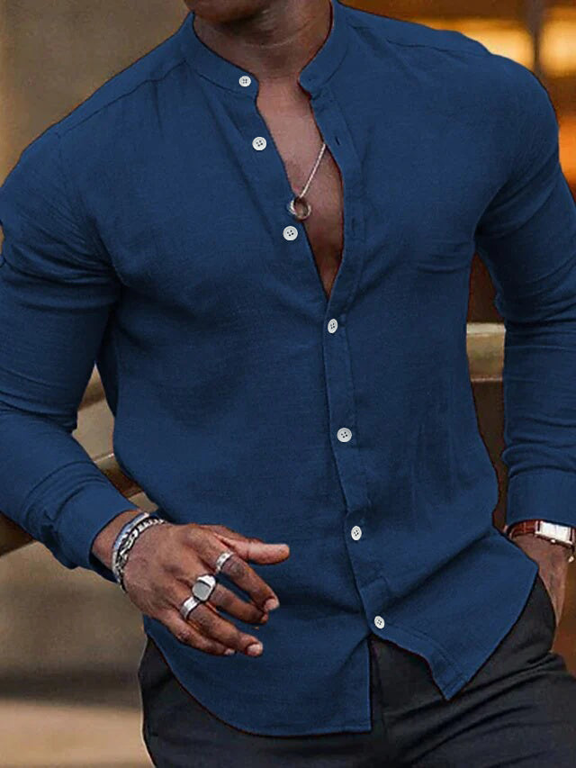 Men's Casual Cotton Linen Long Sleeves Solid Color Shirt Navy Blue