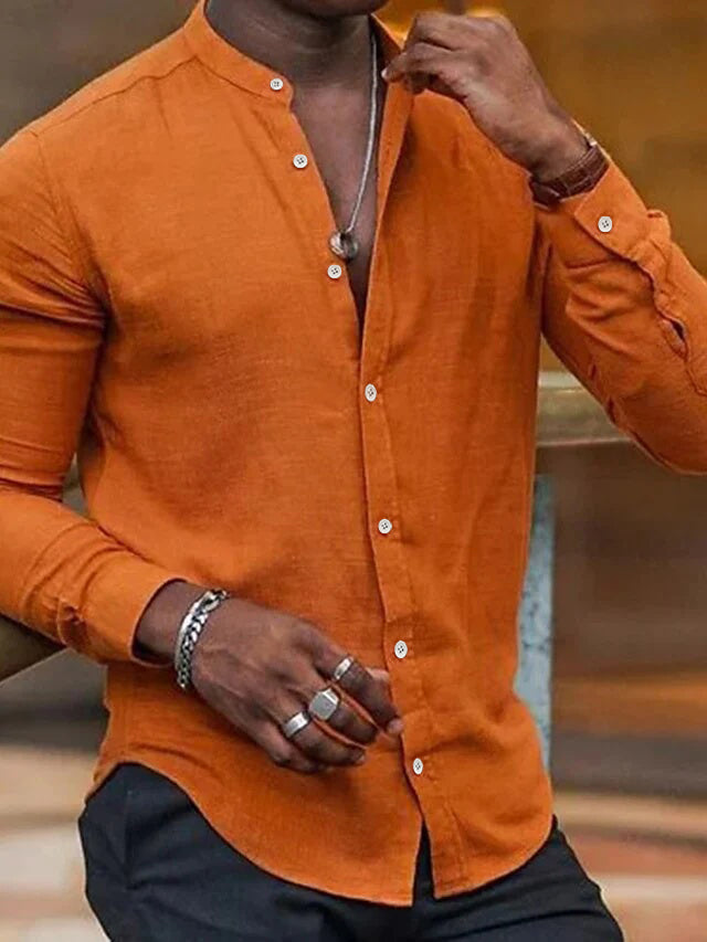 Men's Casual Cotton Linen Long Sleeves Solid Color Shirt Orange