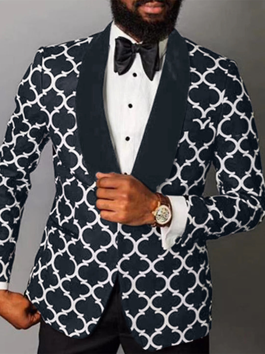 Men's Tailored Fit Checkered Single Breasted One-button Fashion Party Jacket Black