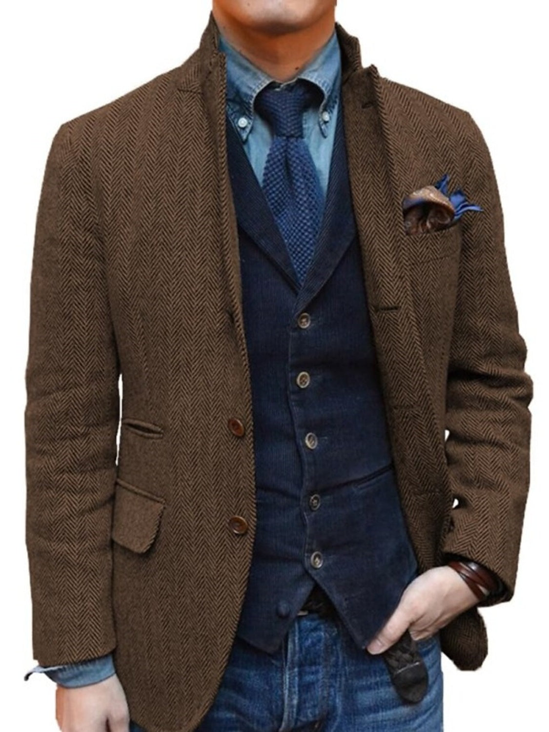 Men's Retro Vintage  Regular Plus Size Two-buttons Sport Tweed Blazer Brown