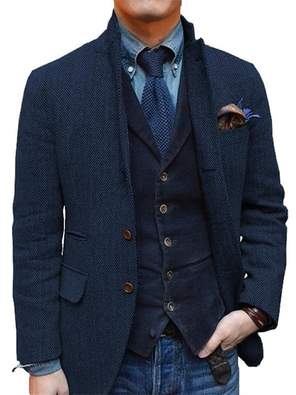 Men's Retro Vintage  Regular Plus Size Two-buttons Sport Tweed Blazer Dark Blue