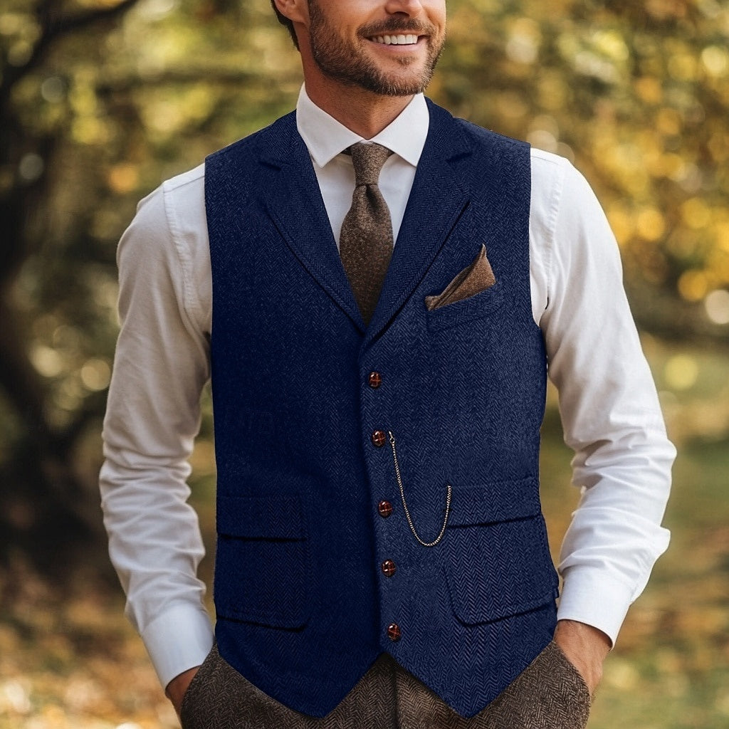 Men's Herringbone Standard Fit Notch Single Breasted Five-buttons Tweed Vest Blue