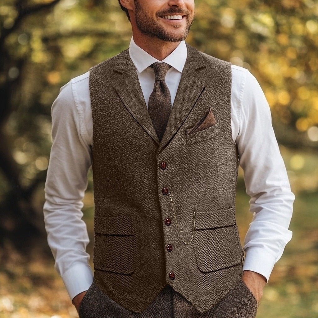 Men's Herringbone Standard Fit Notch Single Breasted Five-buttons Tweed Vest Brown