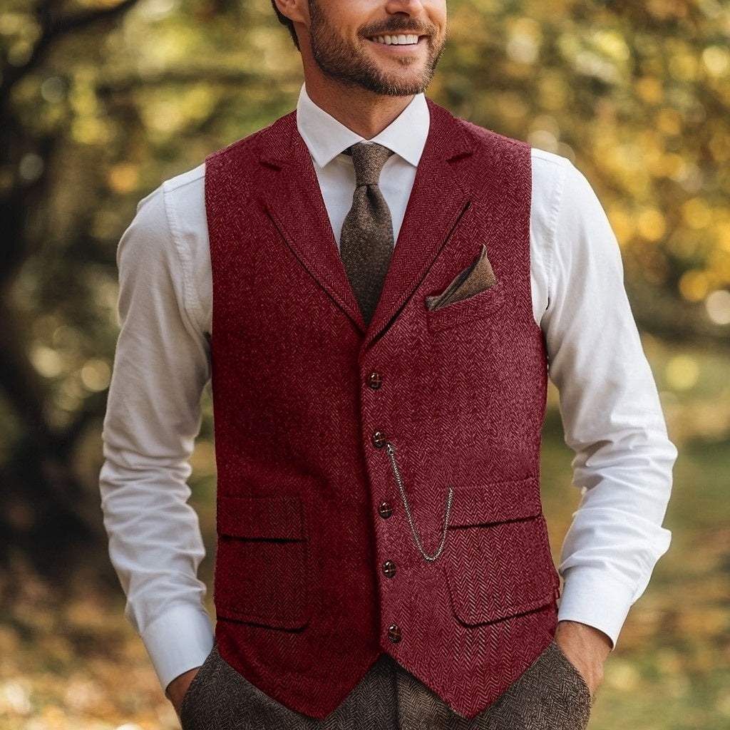 Men's Herringbone Standard Fit Notch Single Breasted Five-buttons Tweed Vest Burgundy