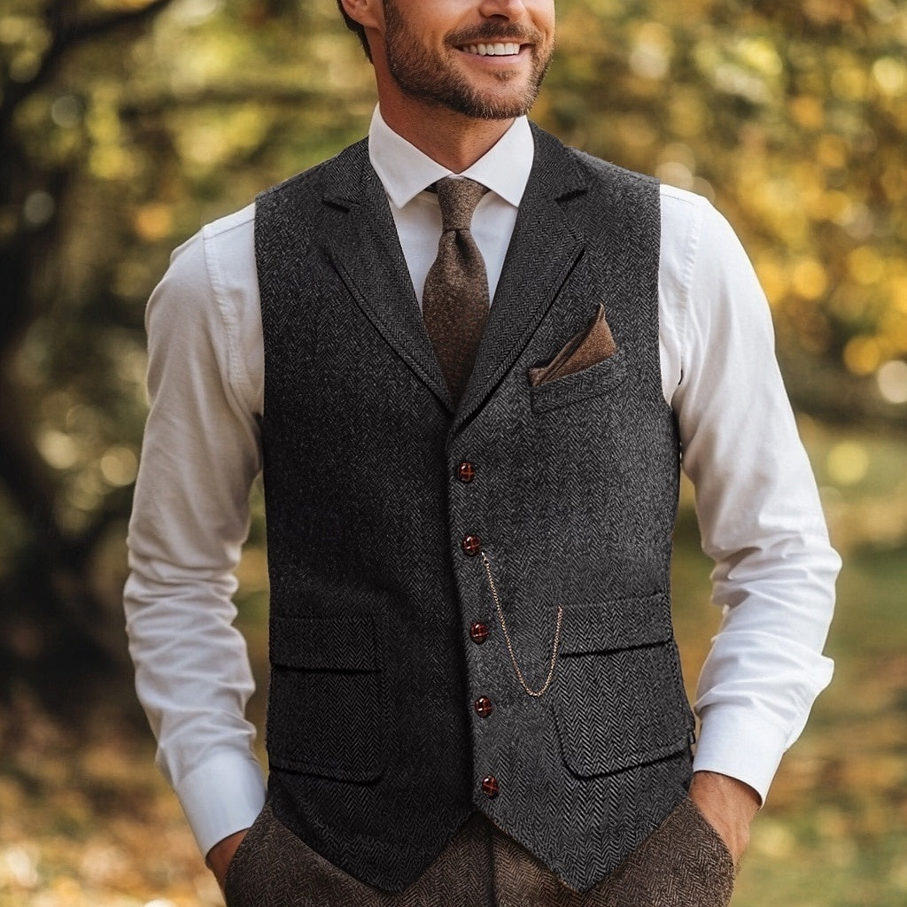 Men's Herringbone Standard Fit Notch Single Breasted Five-buttons Tweed Vest Dark Gray