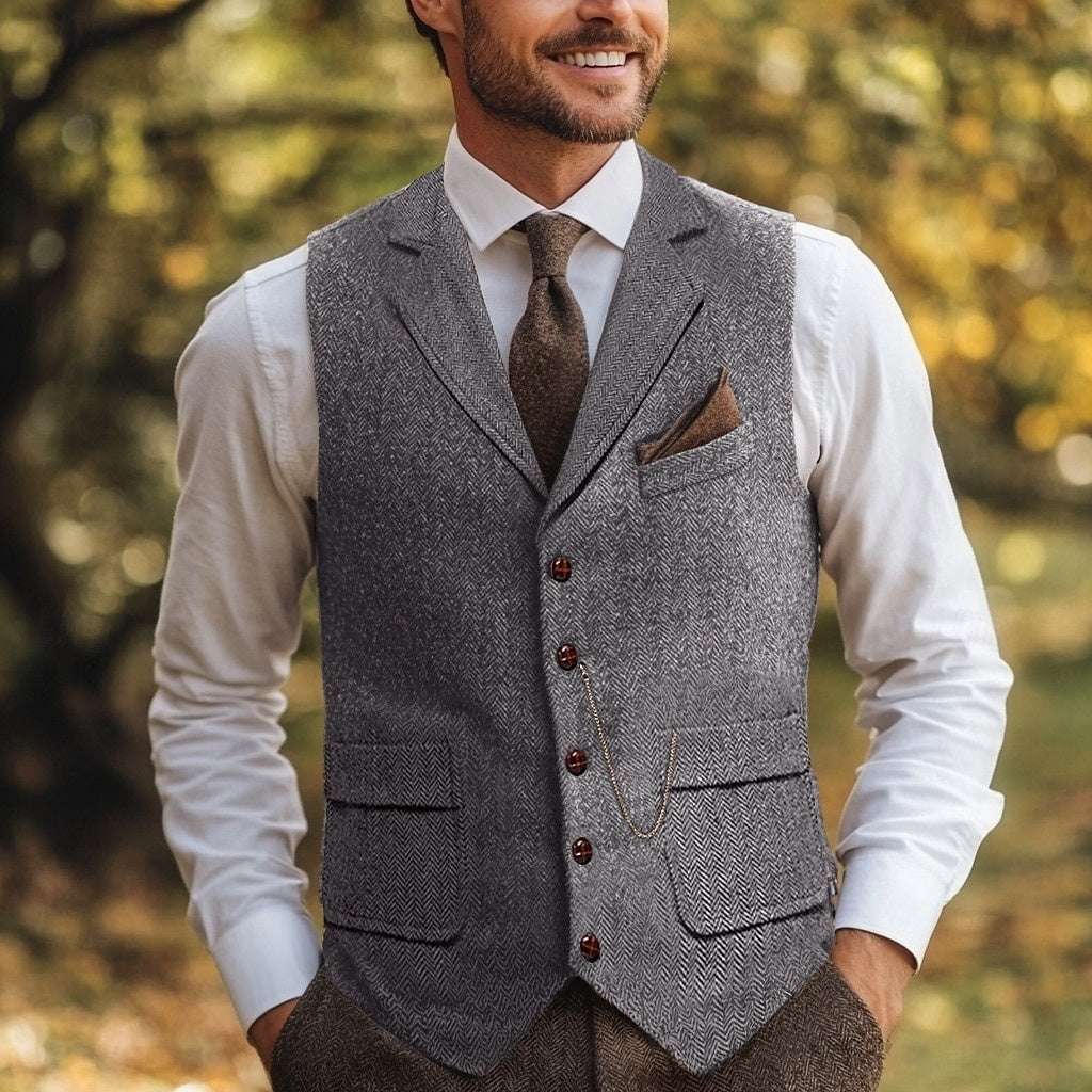 Men's Herringbone Standard Fit Notch Single Breasted Five-buttons Tweed Vest Light Gray