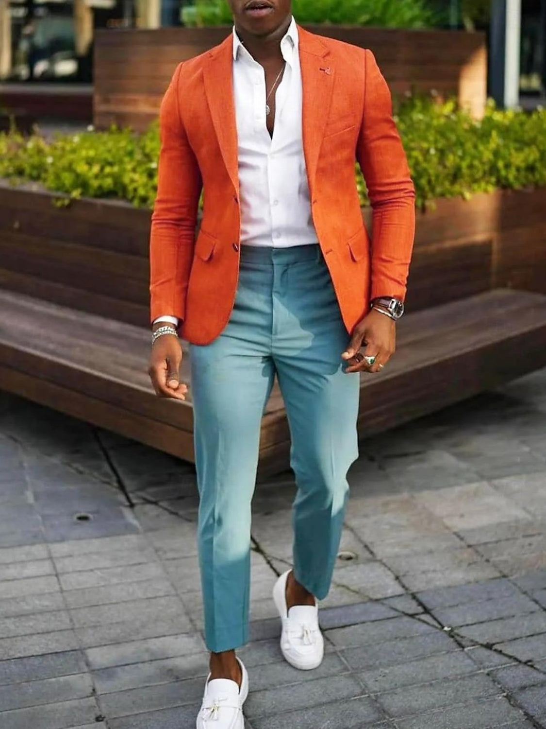 Men's Fashion Casual  Plus Size Regular Tailored Fit Solid Colored Single Breasted Two-buttons Blazer Jacket Orange