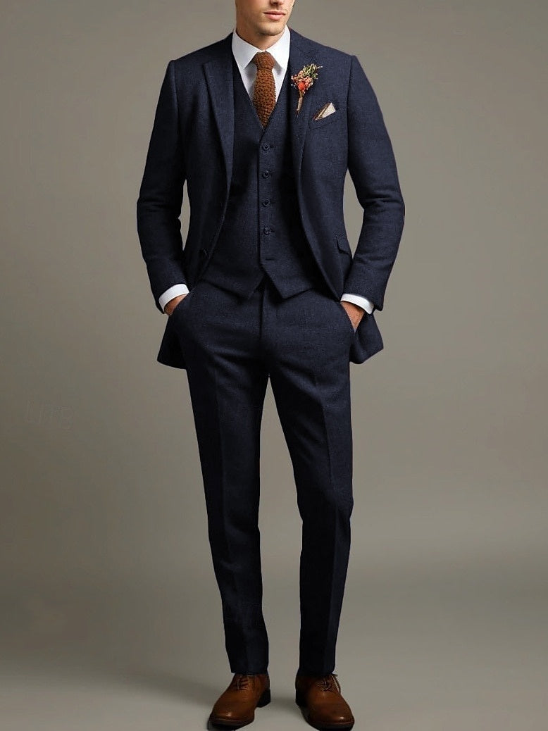 Men's Solid Colored 3 Piece Business Retro Vintage Tailored Fit Single Breasted Two-buttons Tweed Wedding Party Suits Blue