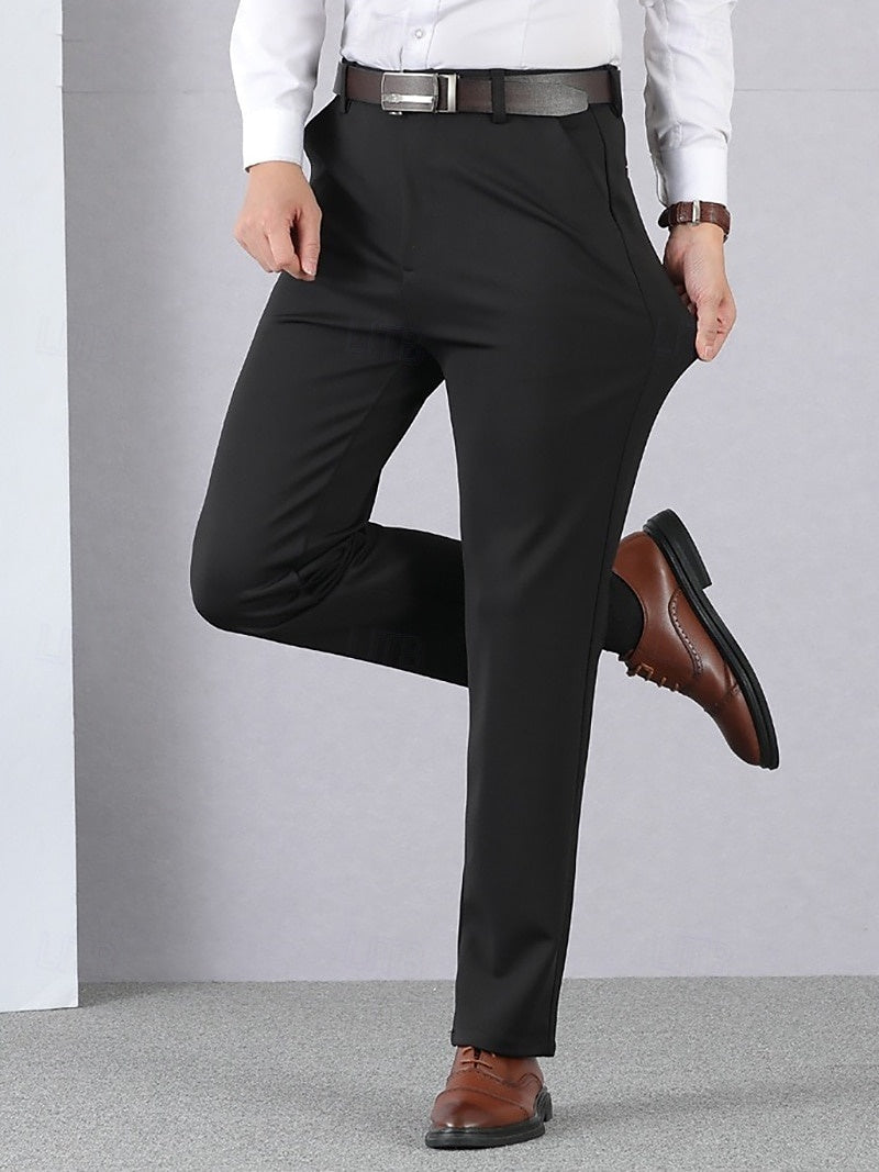 Black Gray Men's Thick Long Solid Color High Elasticity Standard Fit Warm Pants Black