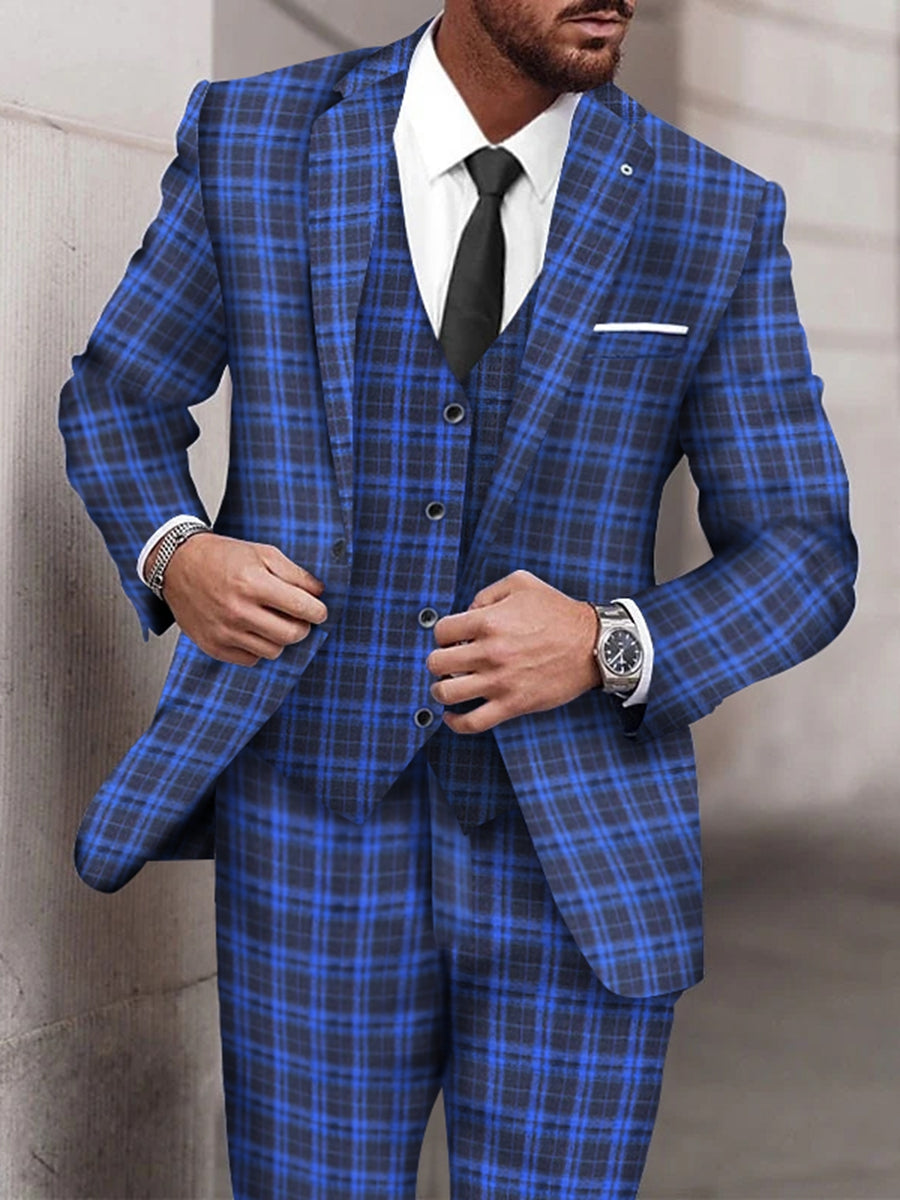 Royal Blue Men's Plaid Checkered Tailored Fit Single Breasted  3 Piece Wedding Homecoming Suits Royal Blue