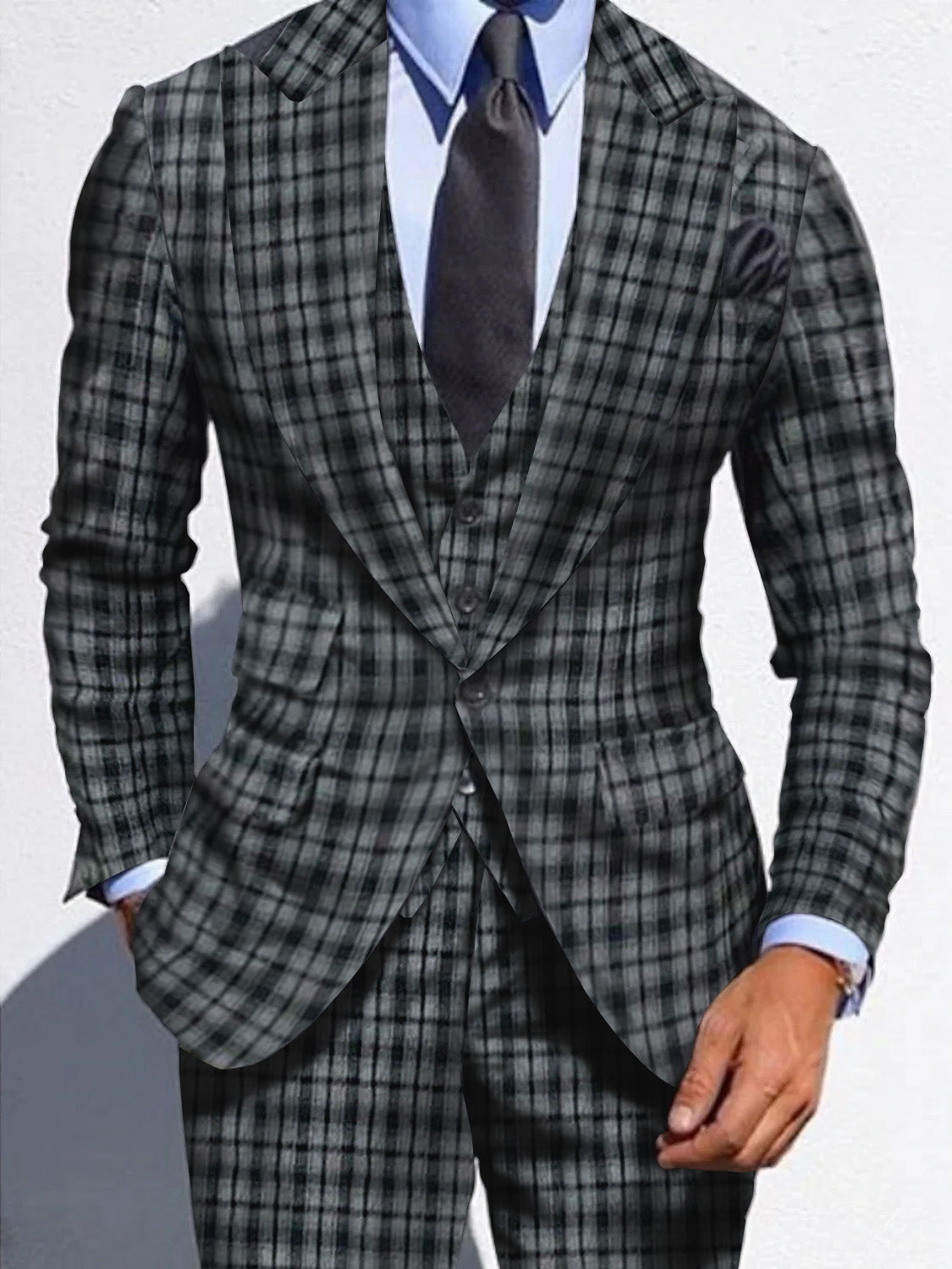 Dark Gray Men's Wedding Plaid Checkered Tailored Fit Single Breasted Suits 3 Piece Dark Gray