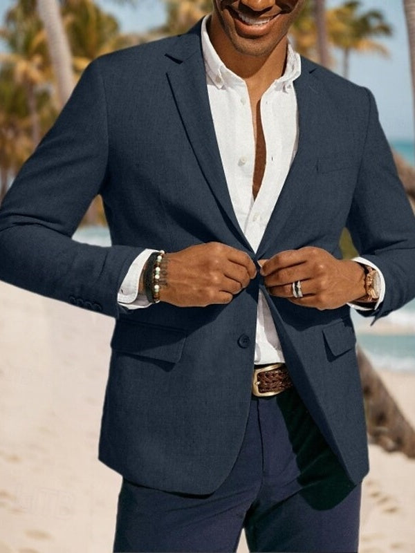 Men's Linen Blazer Fashion Casual Regular Tailored Fit Single Breasted Two-buttons Blazer Jacket Dark Blue