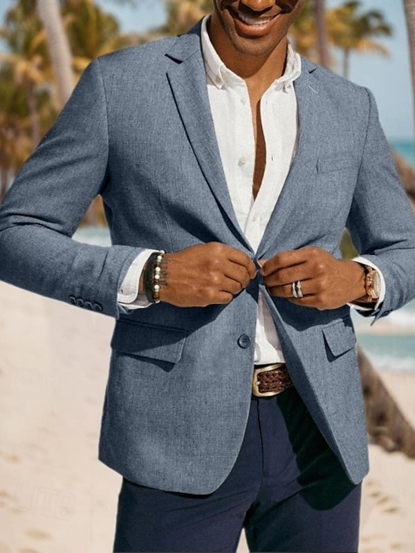 Men's Linen Blazer Fashion Casual Regular Tailored Fit Single Breasted Two-buttons Blazer Jacket Light Blue