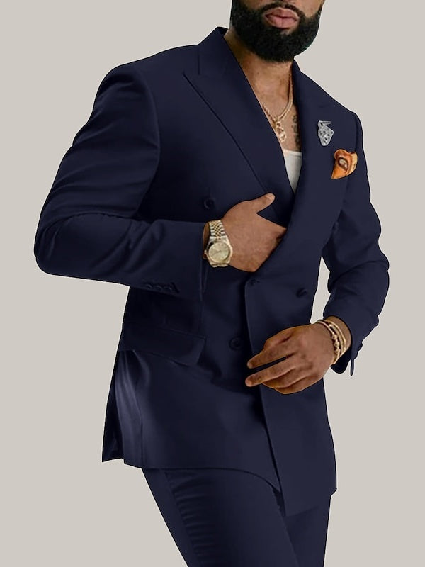 Men's Daily Business Double Breasted Six-buttons Prom Wedding Suits 2 Piece Navy Blue