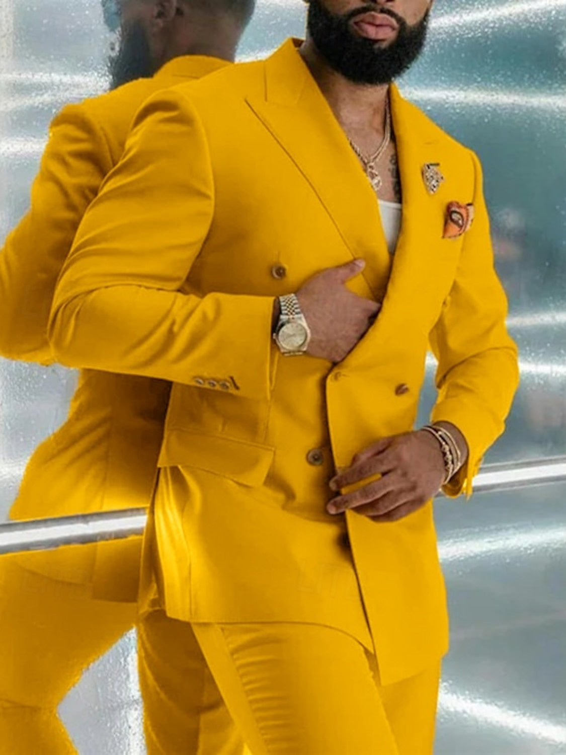 Men's Daily Business Double Breasted Six-buttons Prom Wedding Suits 2 Piece Yellow