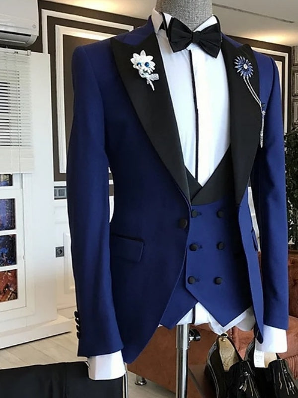 Men's Solid Colored Peak Tailored Fit Single Breasted  Wedding Party Tuxedos 3 Piece Royal Blue