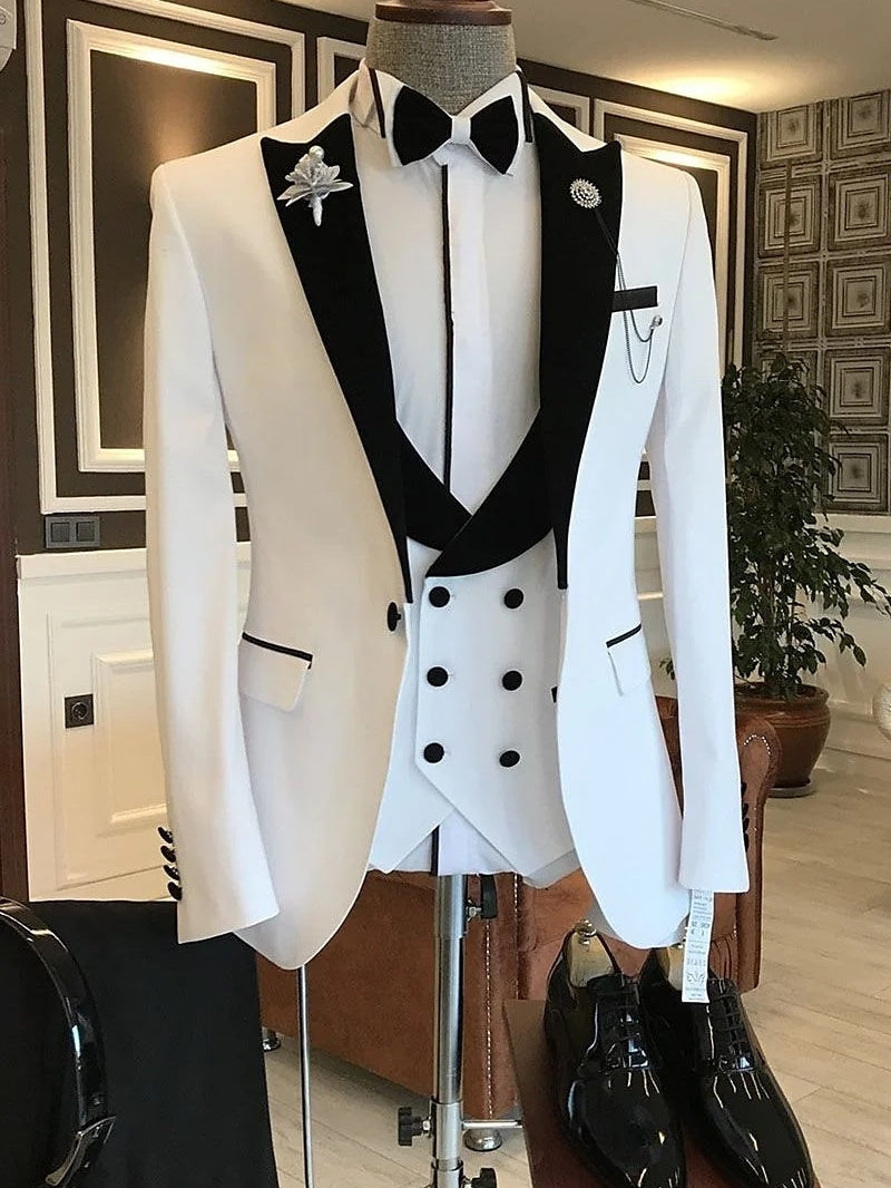 Men's Solid Colored Peak Tailored Fit Single Breasted  Wedding Party Tuxedos 3 Piece White