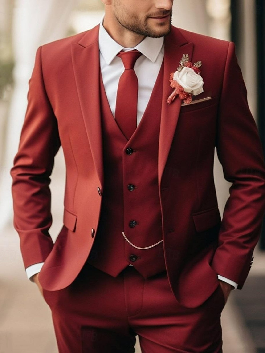 Men's Tailored Fit Single Breasted Two-buttons Party Wedding Suits 3 Piece Red