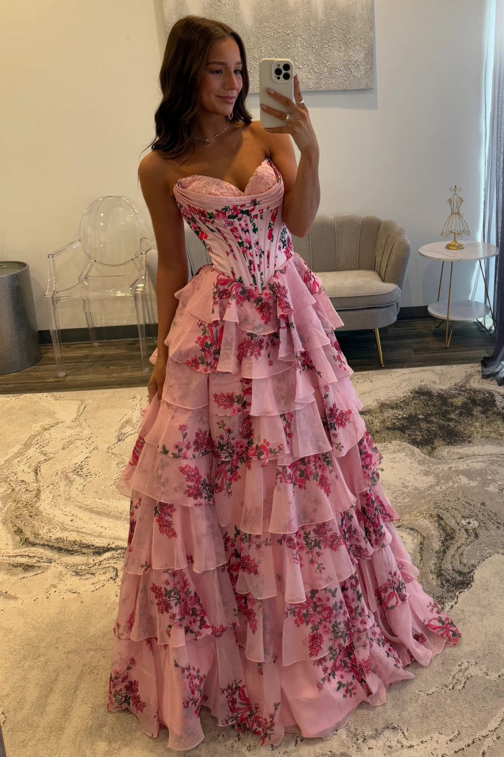 Charming Blue Floral Sweetheart Corset Prom Dress with Layered Ruffle Skirt