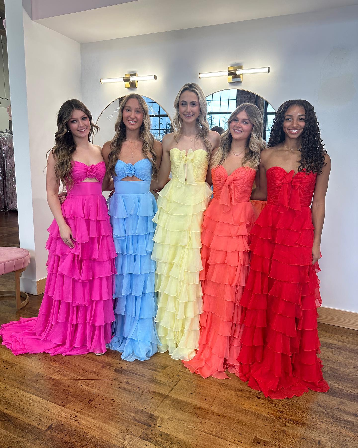 Pink Sweetheart Ruffle Tiered A-Line Prom Dress with Front Bow