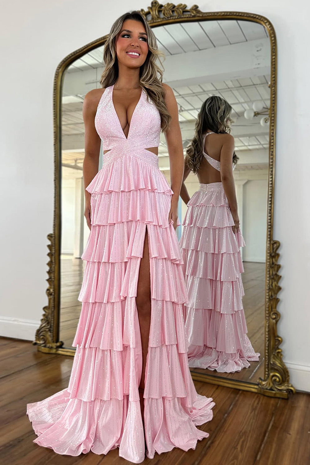 Glamorous Red Sparkly Beaded Halter Prom Dress with Layered Ruffles