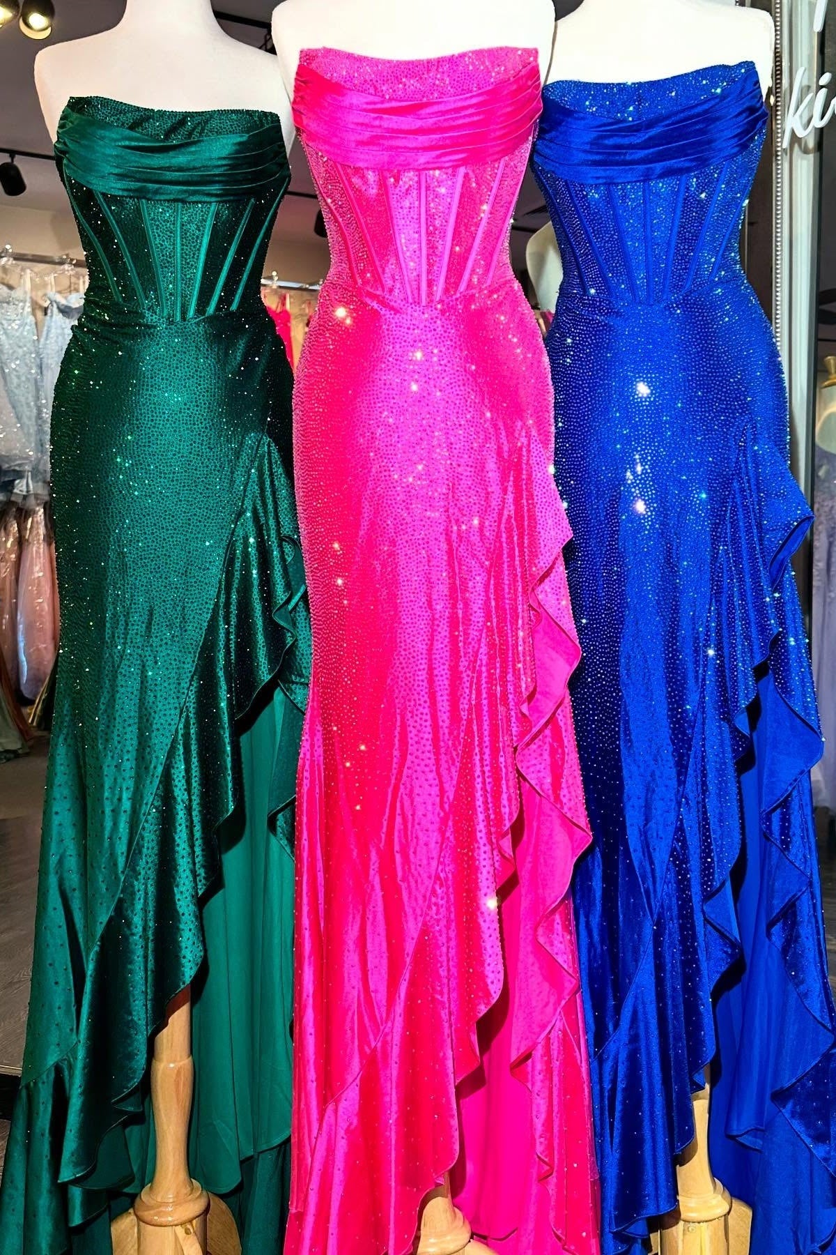 Light Blue Strapless Mermaid Prom Dress with Lace Up Back Beaded Details and Leg Slit