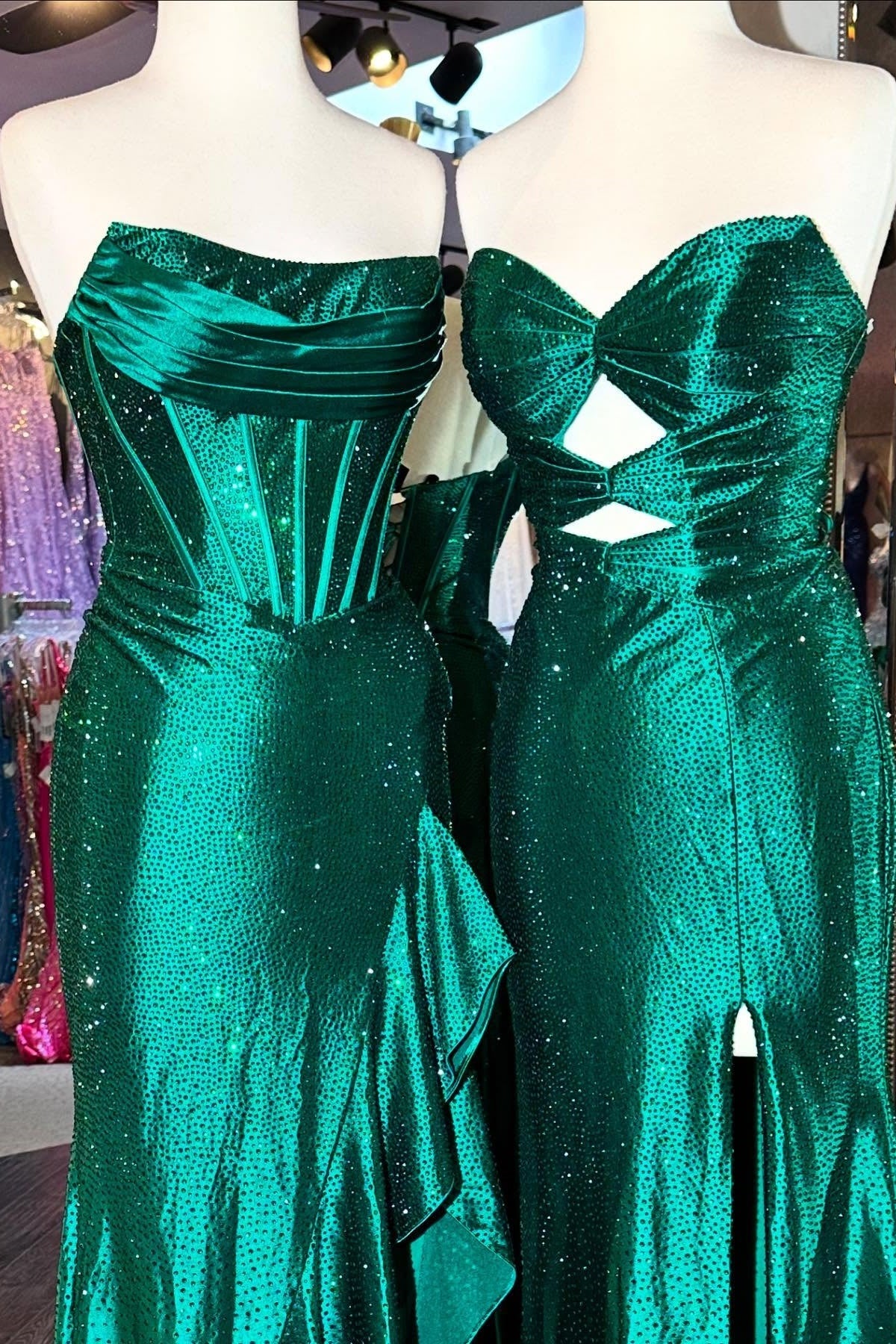 Light Blue Strapless Mermaid Prom Dress with Lace Up Back Beaded Details and Leg Slit