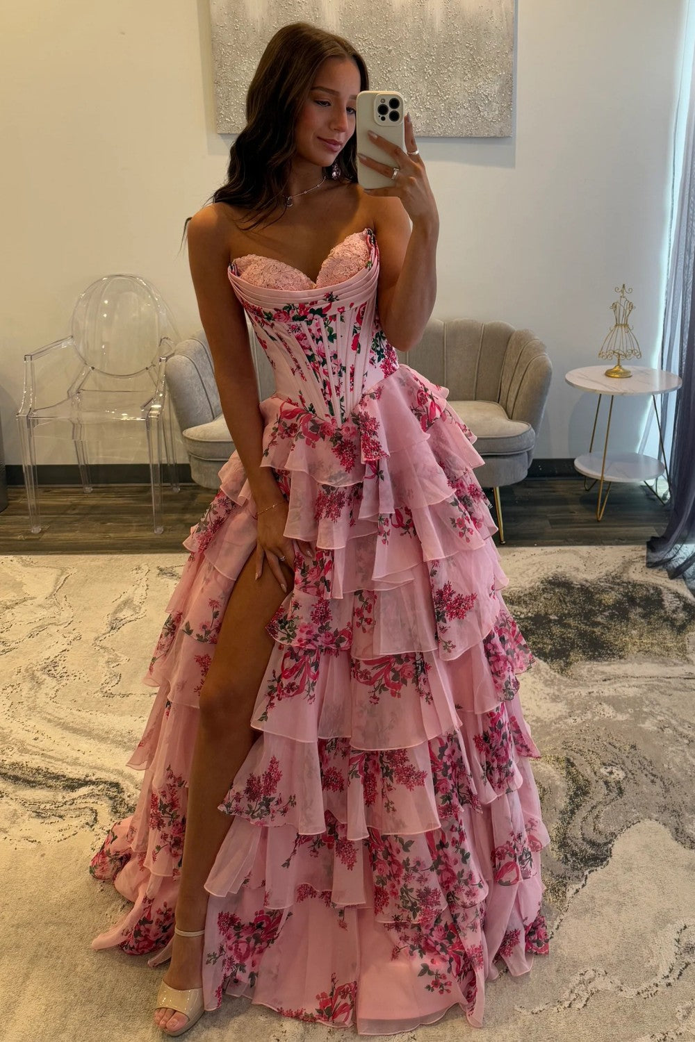 Fairytale Pink Floral Corset Sweetheart Prom Dress with Tiered Skirt And Slit