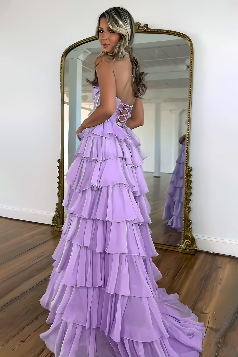 Dark Blue Strapless A Line Prom Dress with Sparkly Layered Chiffon and Side Slit