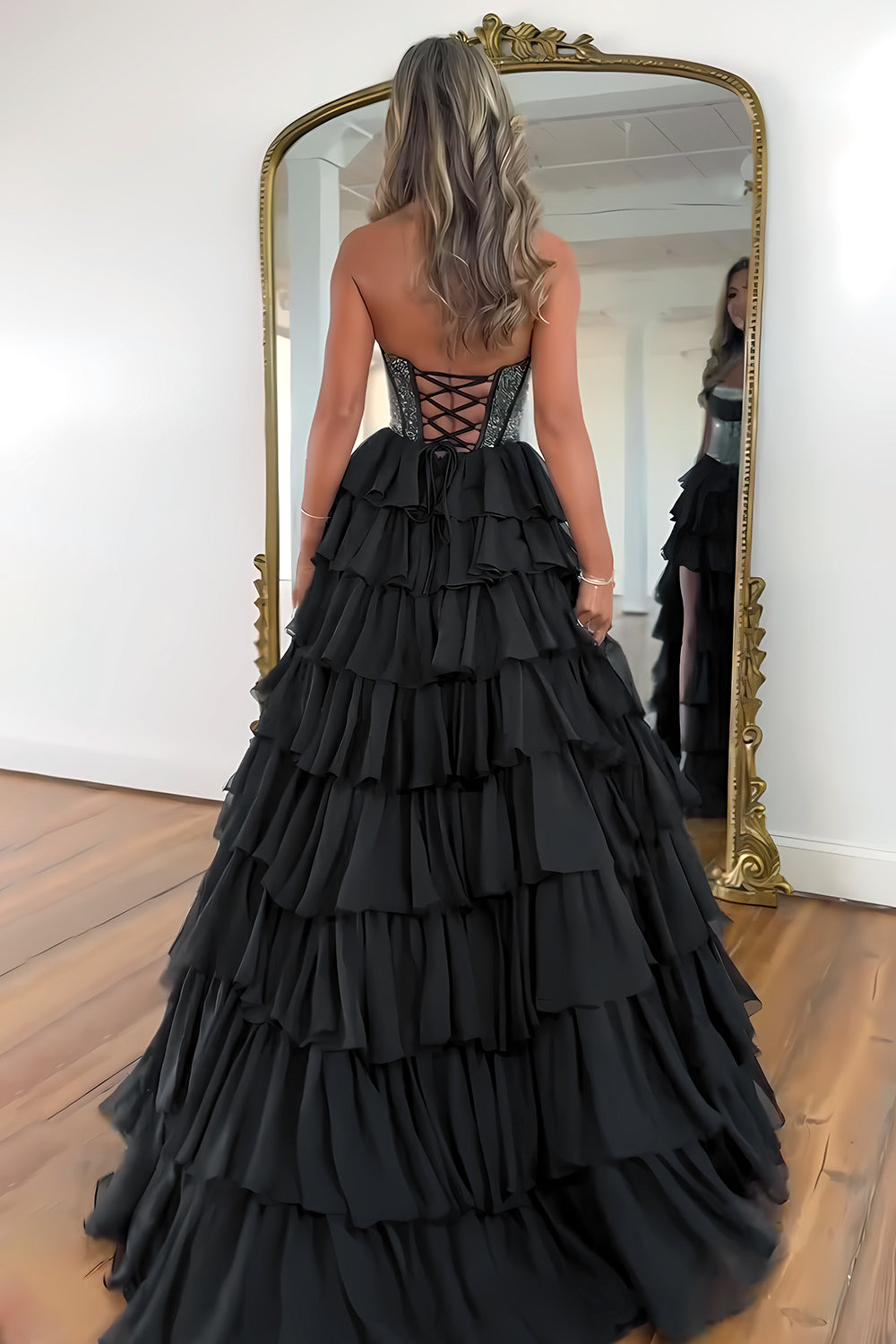 Dark Blue Strapless A Line Prom Dress with Sparkly Layered Chiffon and Side Slit