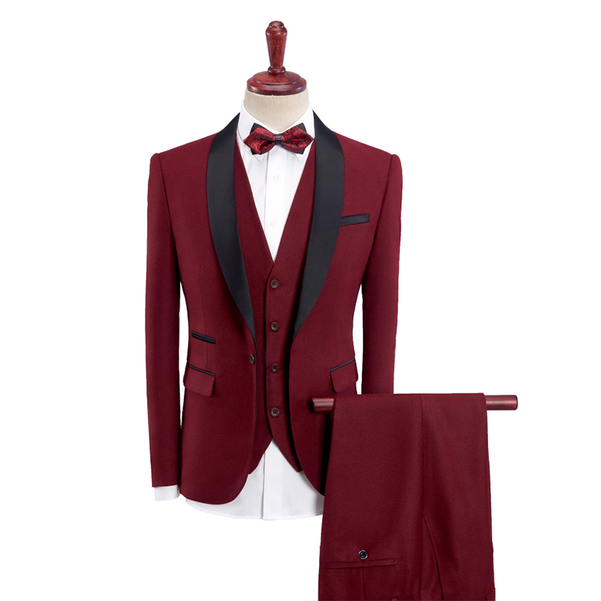 Tailored Fit Single Breasted One-button 3 Pieces Solid Colored Men's Wedding Suits Burgundy