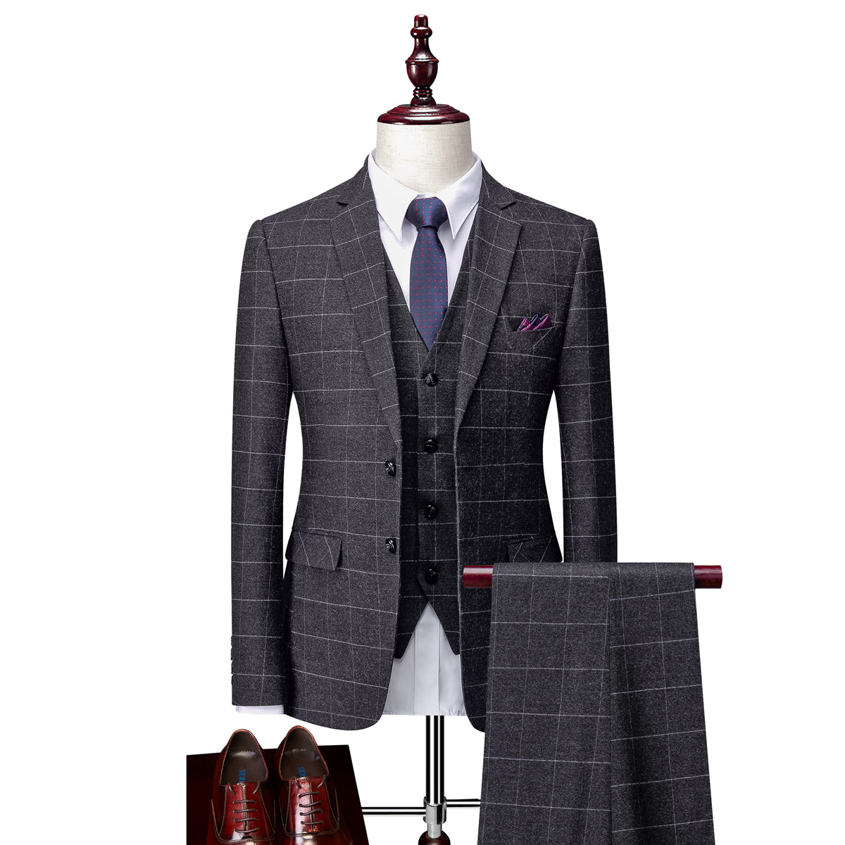 Tailored Fit Single Breasted Two-buttons 3 Pieces Plaid Men's Wedding Suits Default Title