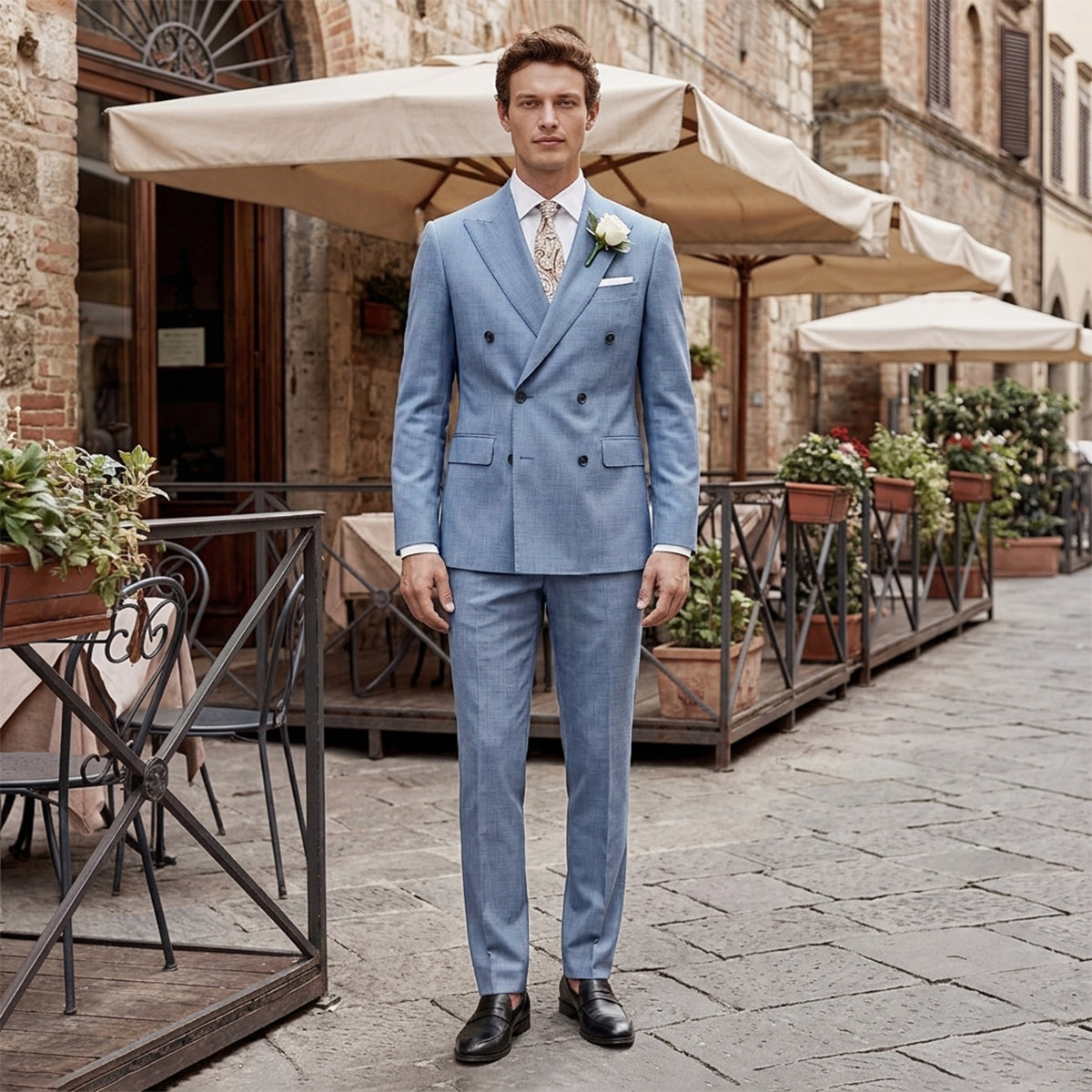 Tailored Fit Double Breasted Two-buttons 2 Pieces Men's Wedding Suits Light Blue